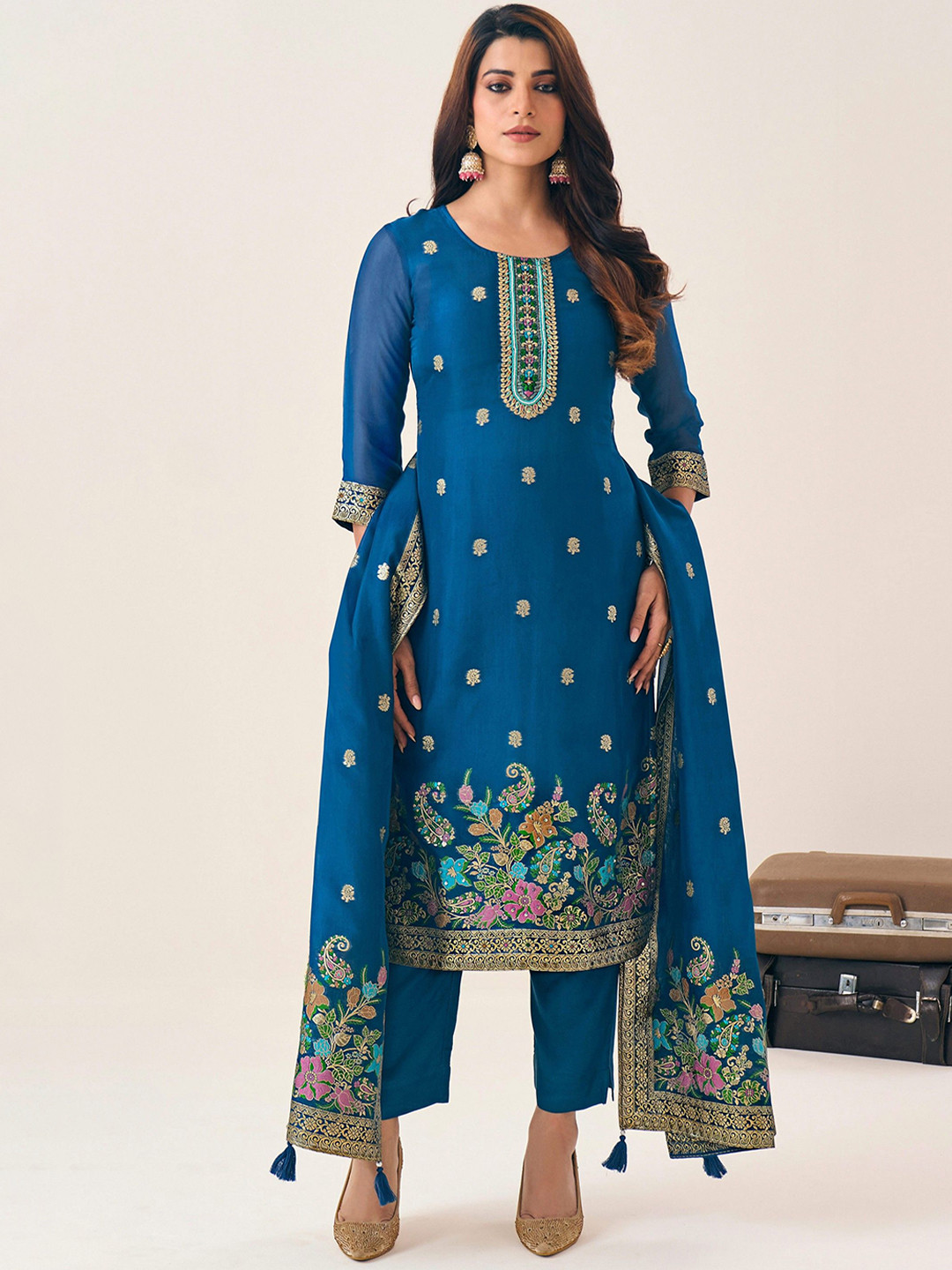 Teal Embroidered Organza Straight Kurta Sets With Dupatta
