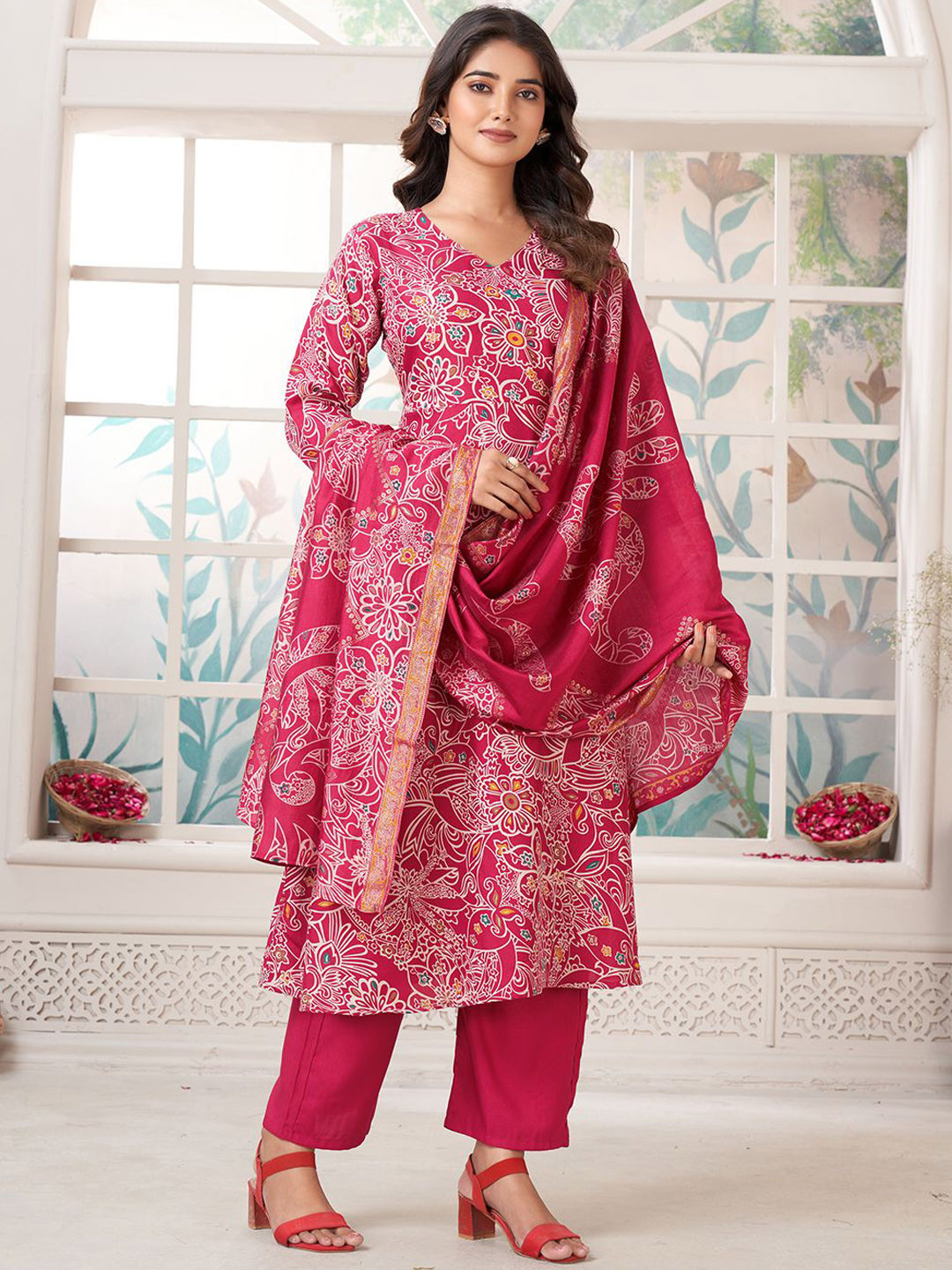Ethnic Motifs Embroidered Anarkali Kurta With Palazzos & Dupatta