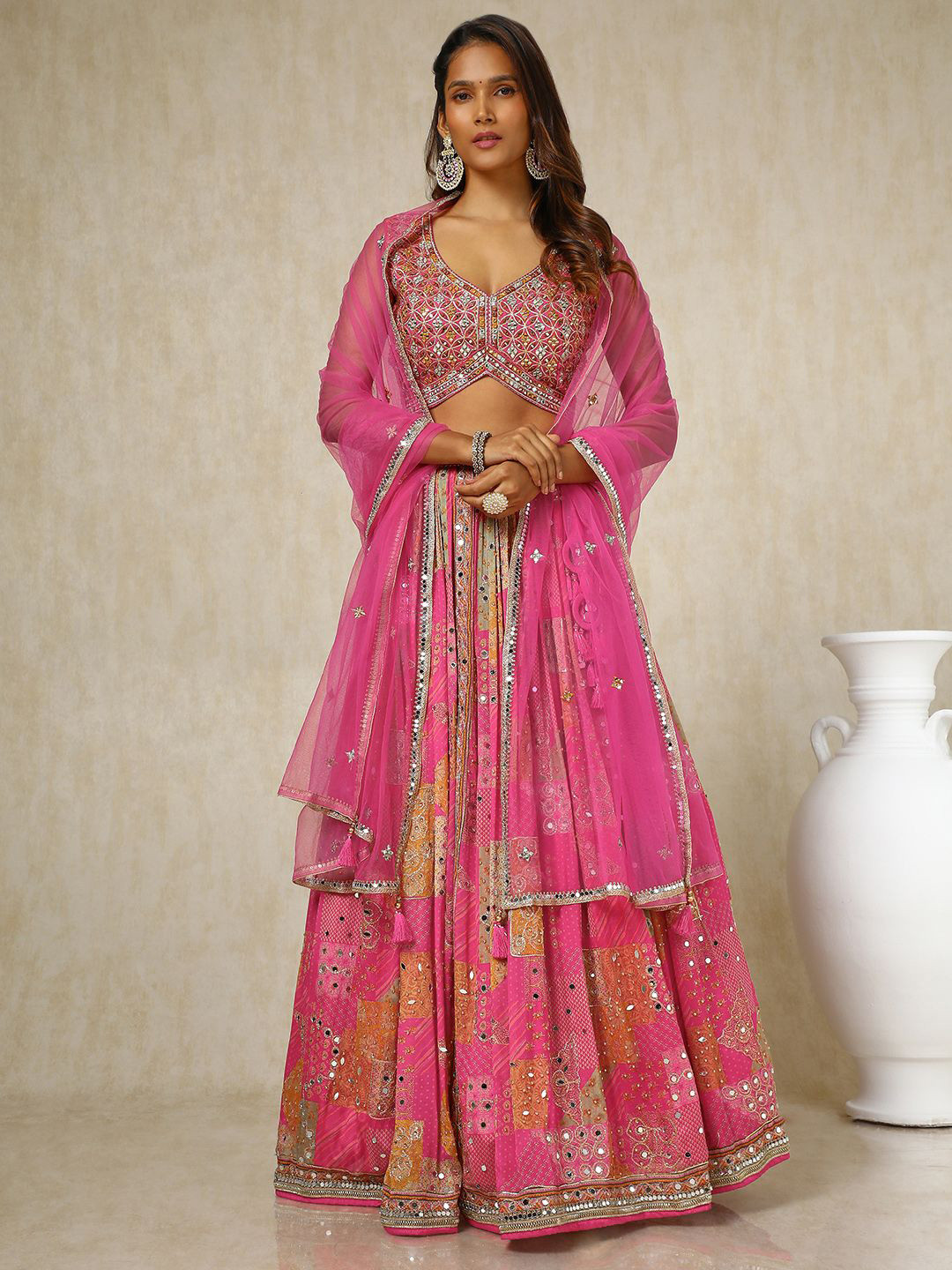 Mirror Work Embellished Net Lehenga Choli Dupatta Set main image 0