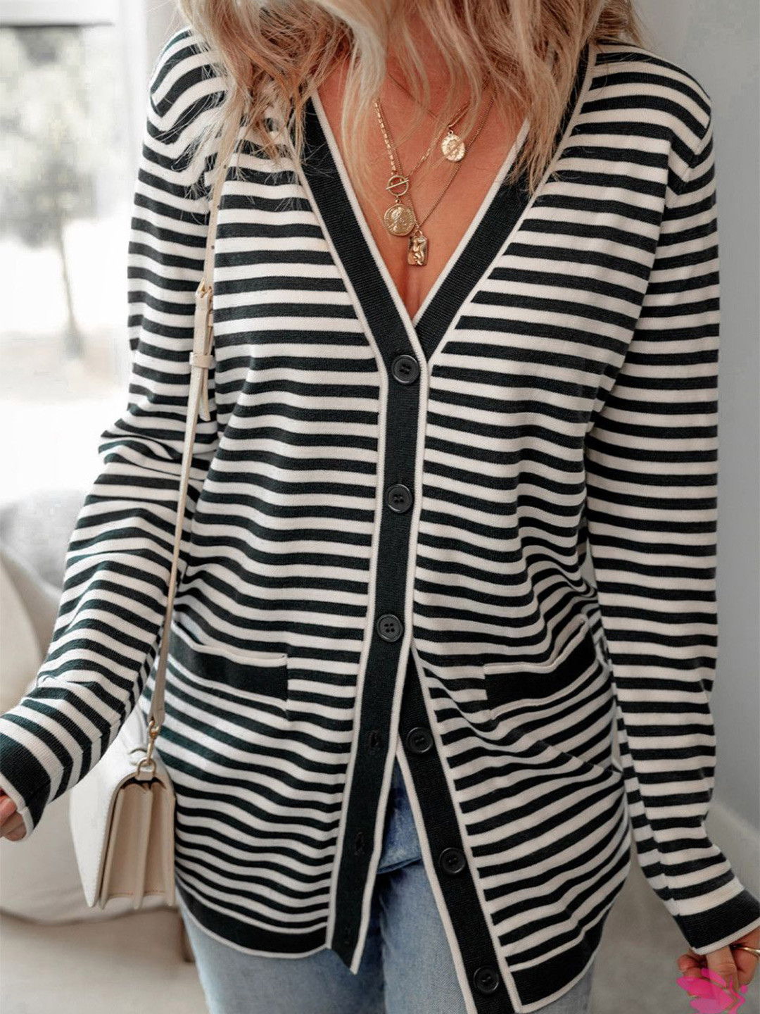 Striped Long Sleeve Sweater W/faux Cardigan