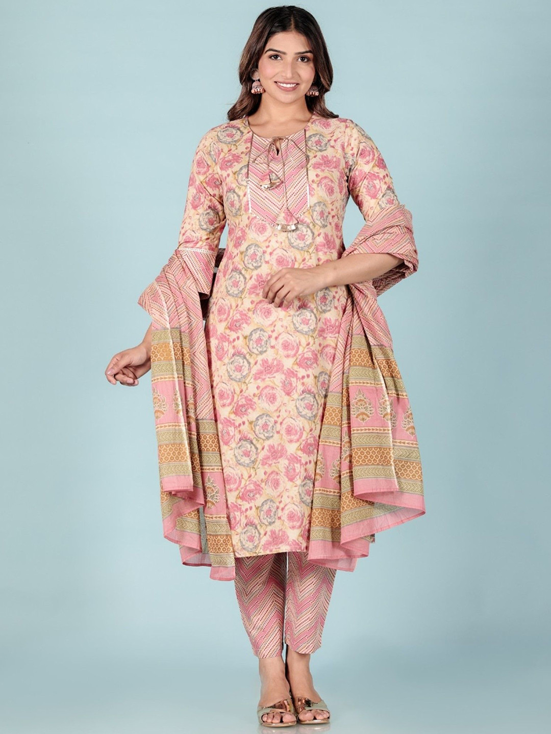 Women Floral printed round_neck Pure Cotton Kurta Trouser & Dupatta Set