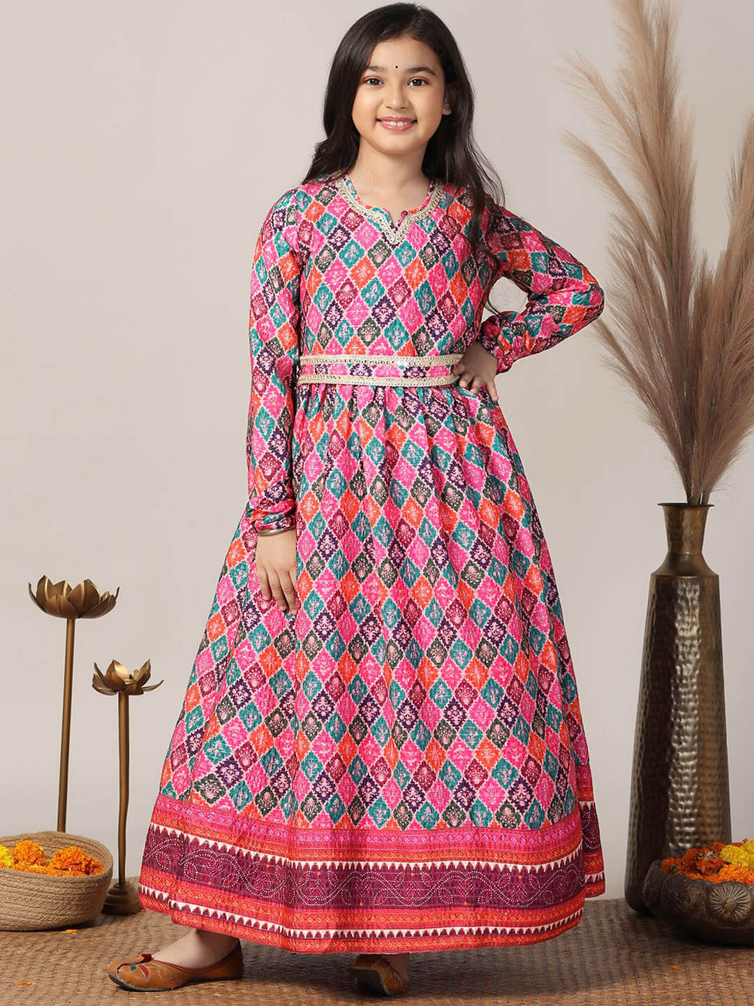 Girls Shoulder Straps Cotton Ethnic Dress With Printed Jacket