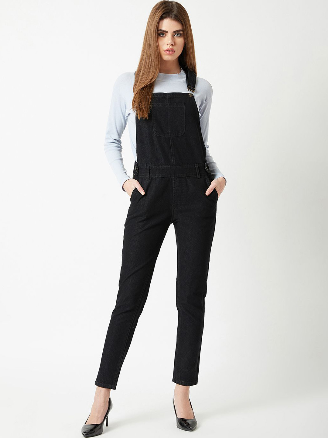 Women's Black Slim-Fit Cotton Denim Dungaree