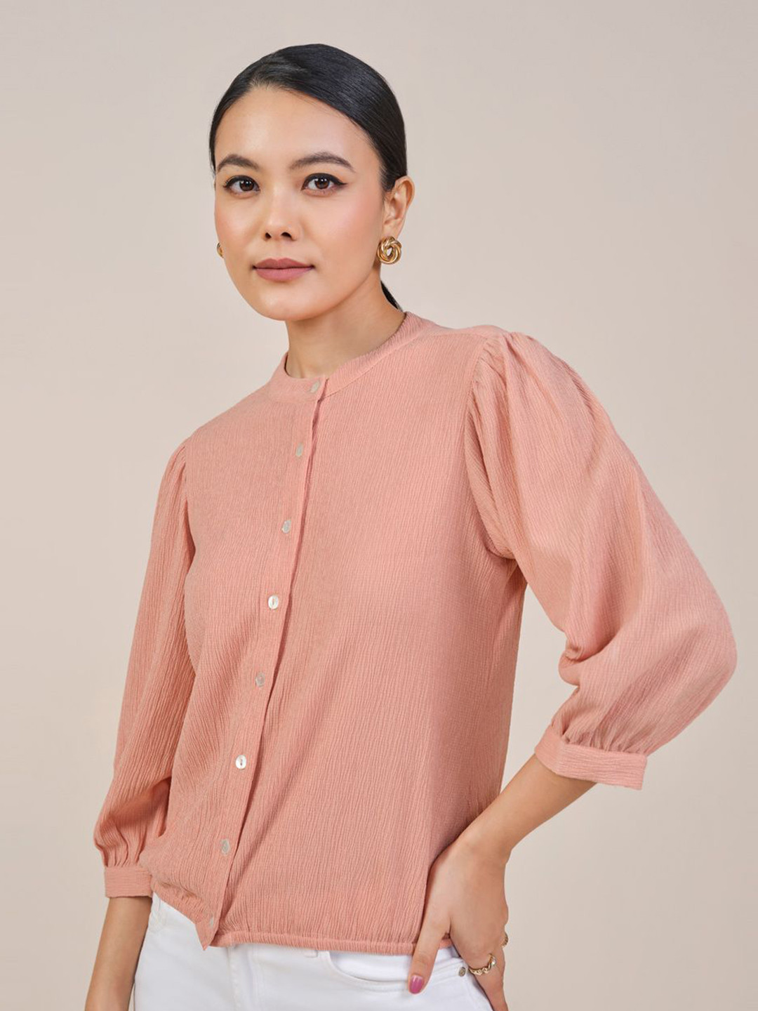 Women's Sea Green Mandarin Collar Crepe Shirt Style Top main image 0