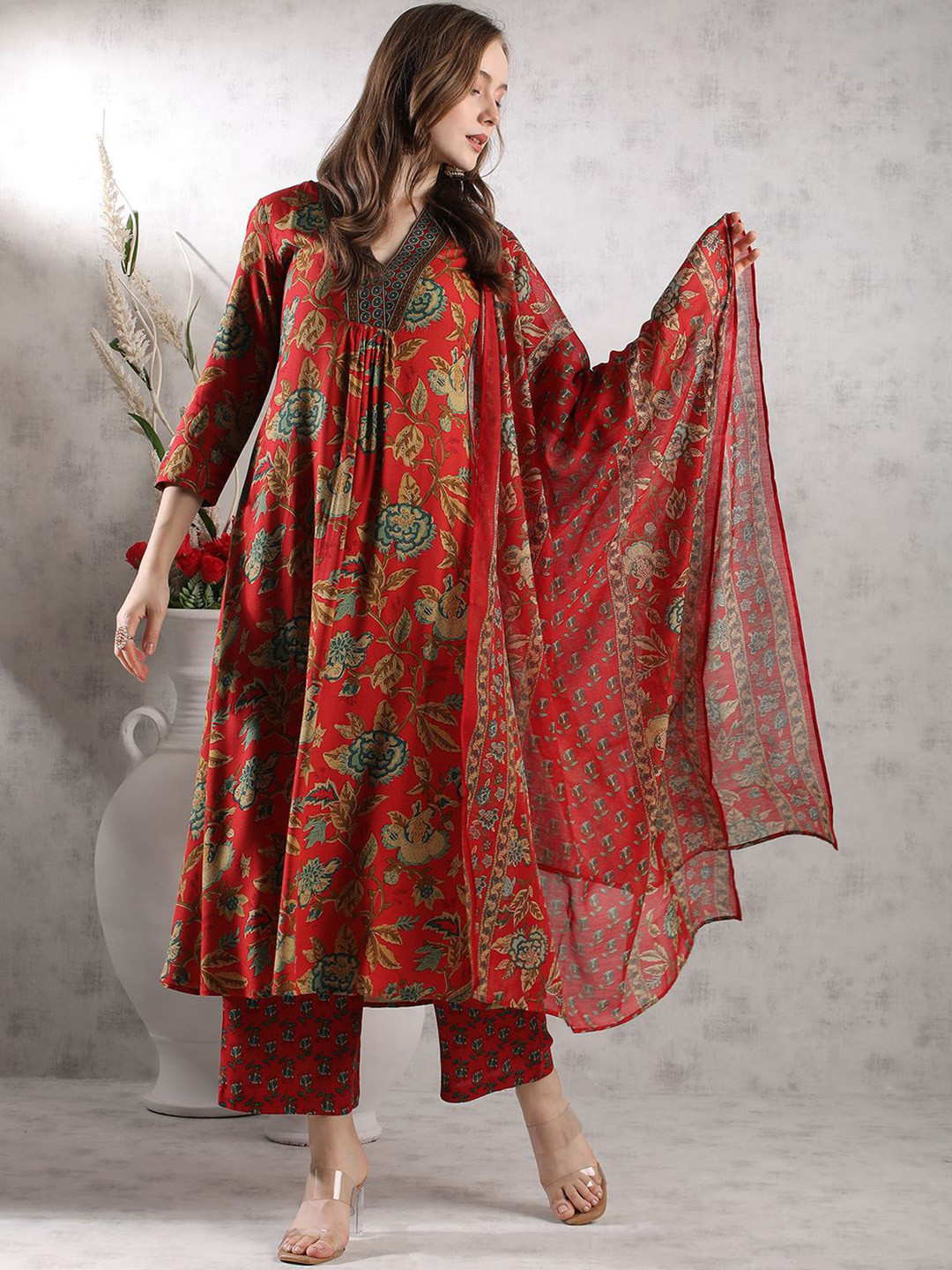 Women Floral Yoke Design V-Neck Anarkali Kurta with Palazzos & Dupatta Set