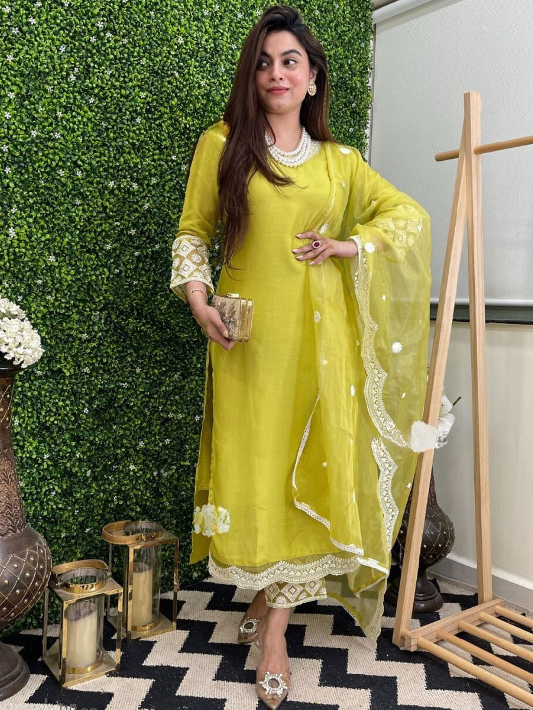 Floral Yoke Design Chanderi Silk A-Line Kurta With Trousers & Dupatta