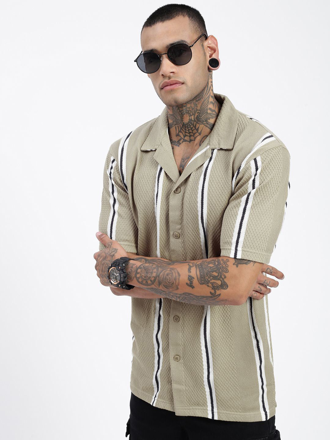 Men's Blue Abstract Cuban Collar Relaxed Fit Shirt