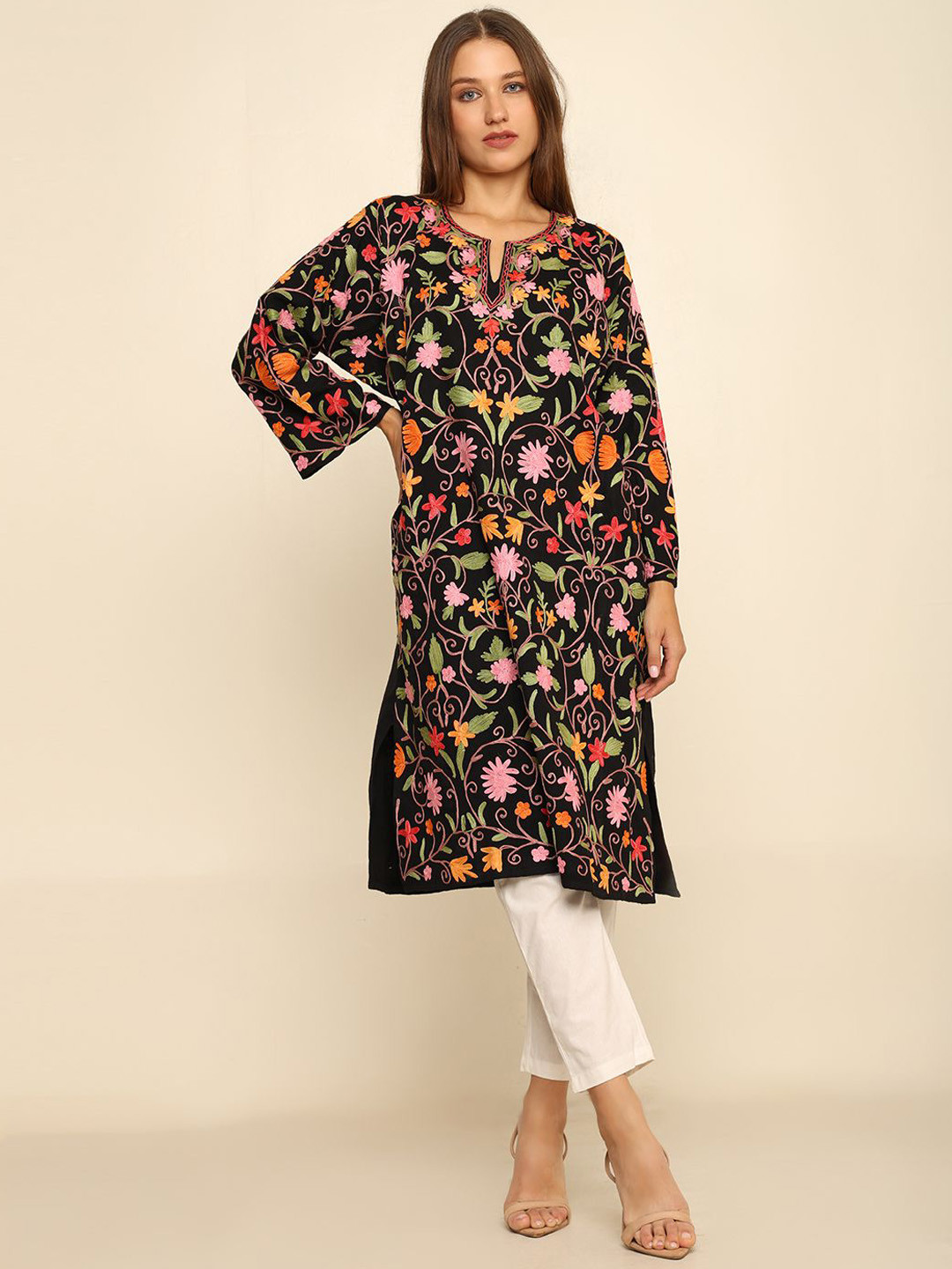 Ecru Floral Printed Thread Embroidered Rayon Flax Straight Kurta and Jegging Set main image 0