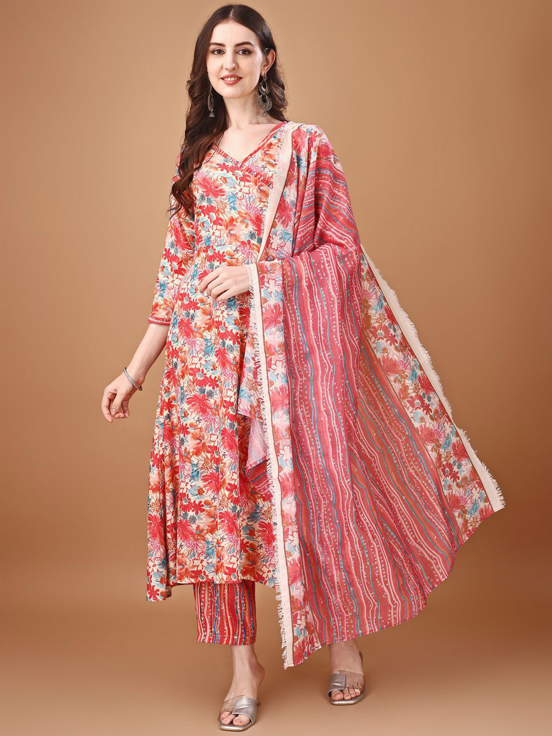 Women Red Multi Color V-Neck Anarkali Kurta