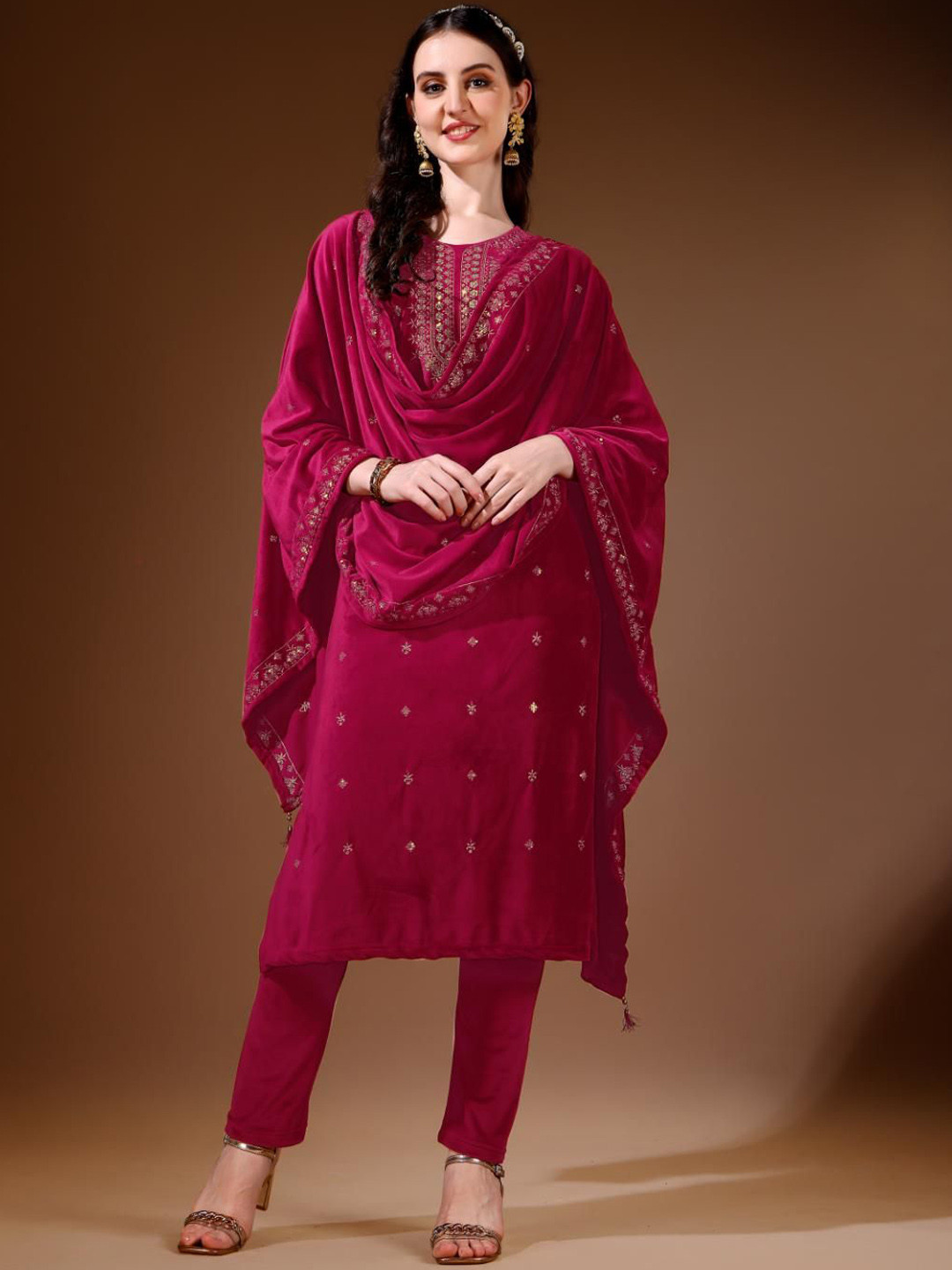 Women Red Embroidered Sequinned Kurta with Trousers & With Dupatta main image 0