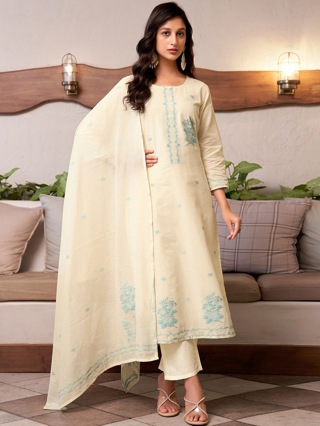 Women Cream Embroidered Straight Kurta Trousers With Dupatta Set