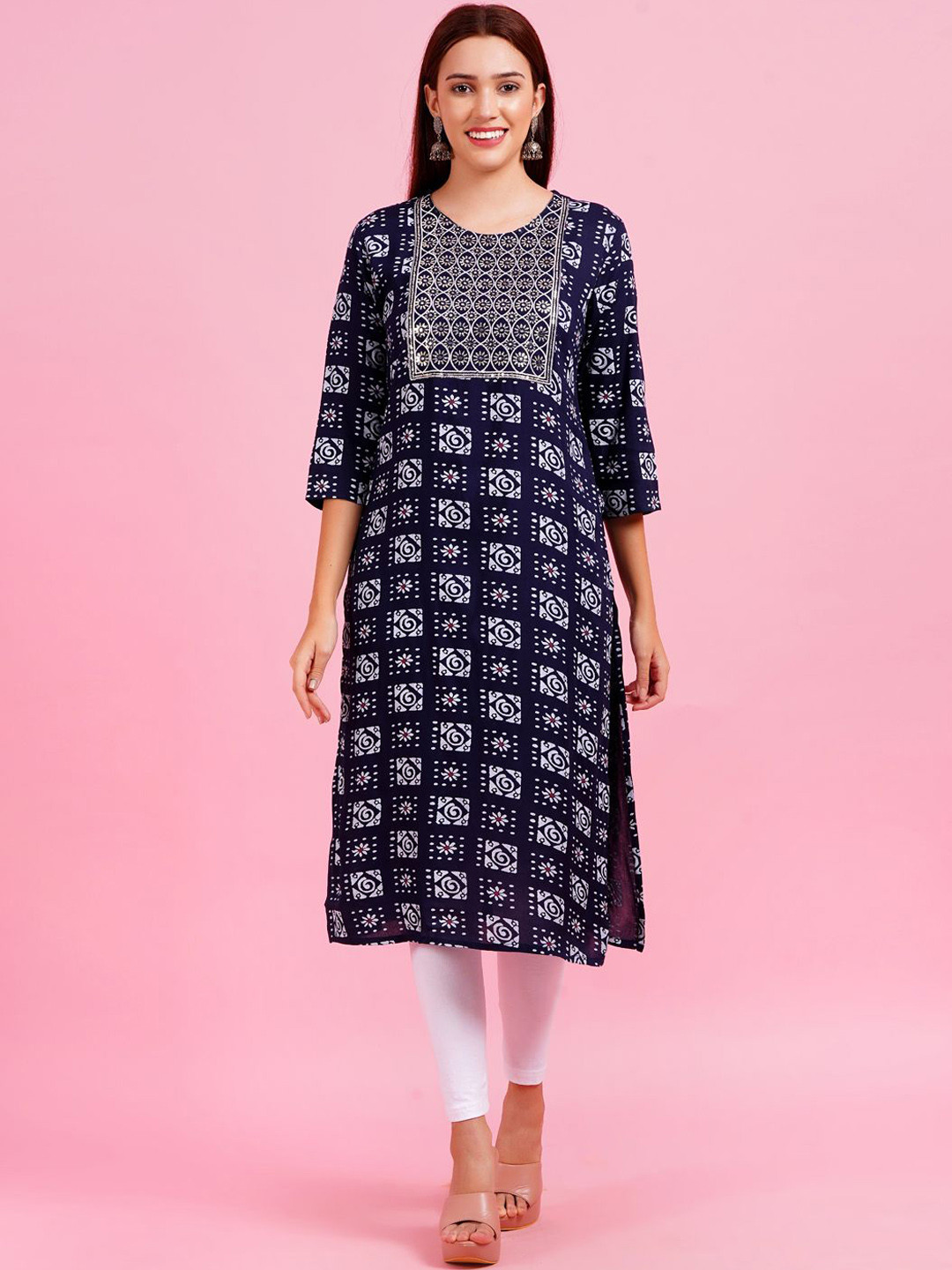 Women's Navy Blue Geometric Printed Mirror Work Straight Kurta