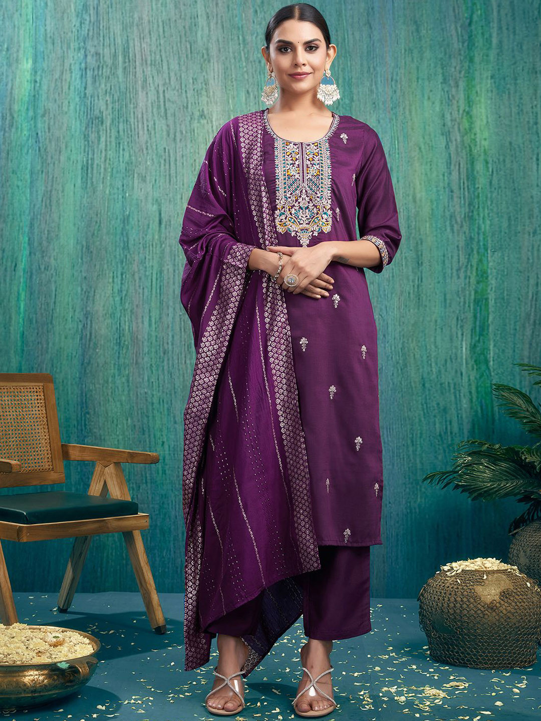 Purple Cotton Self Embroidery Kurta with Trousers and Dupatta