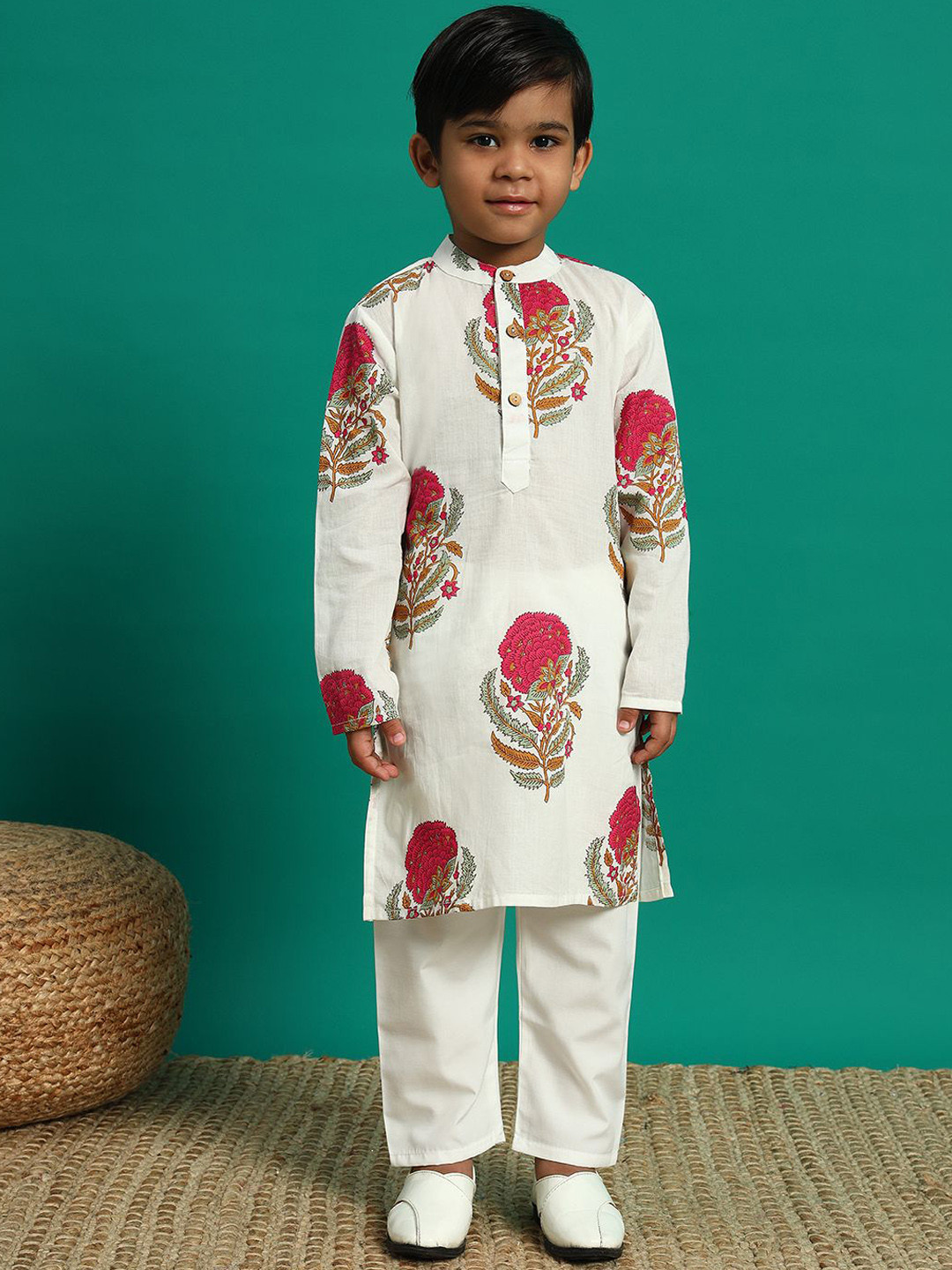 Boys Floral Printed Straight Kurta with Pyjamas