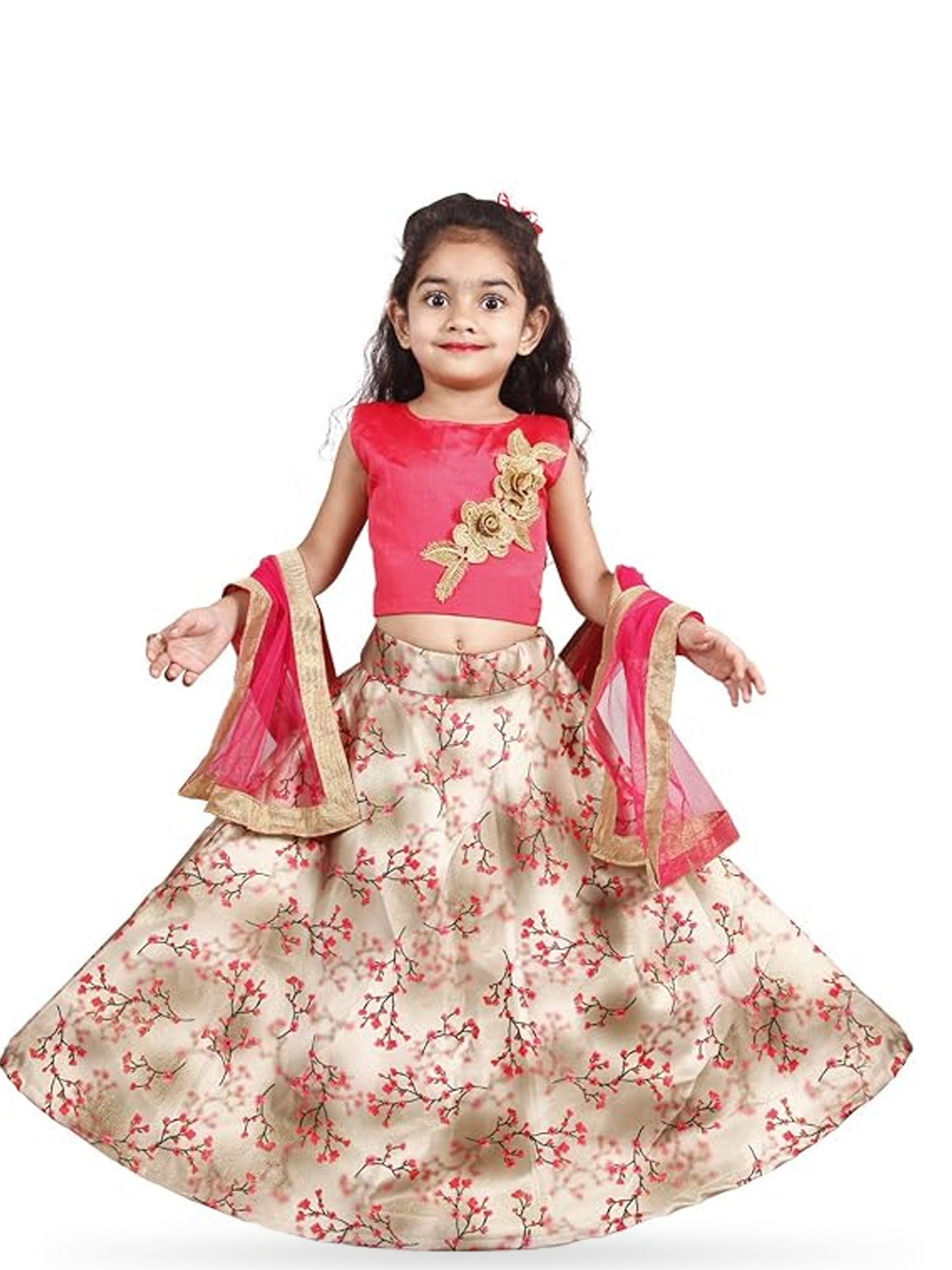 Girls Burgundy & Beige Solid Ready To Wear Lehenga & Blouse With Dupatta