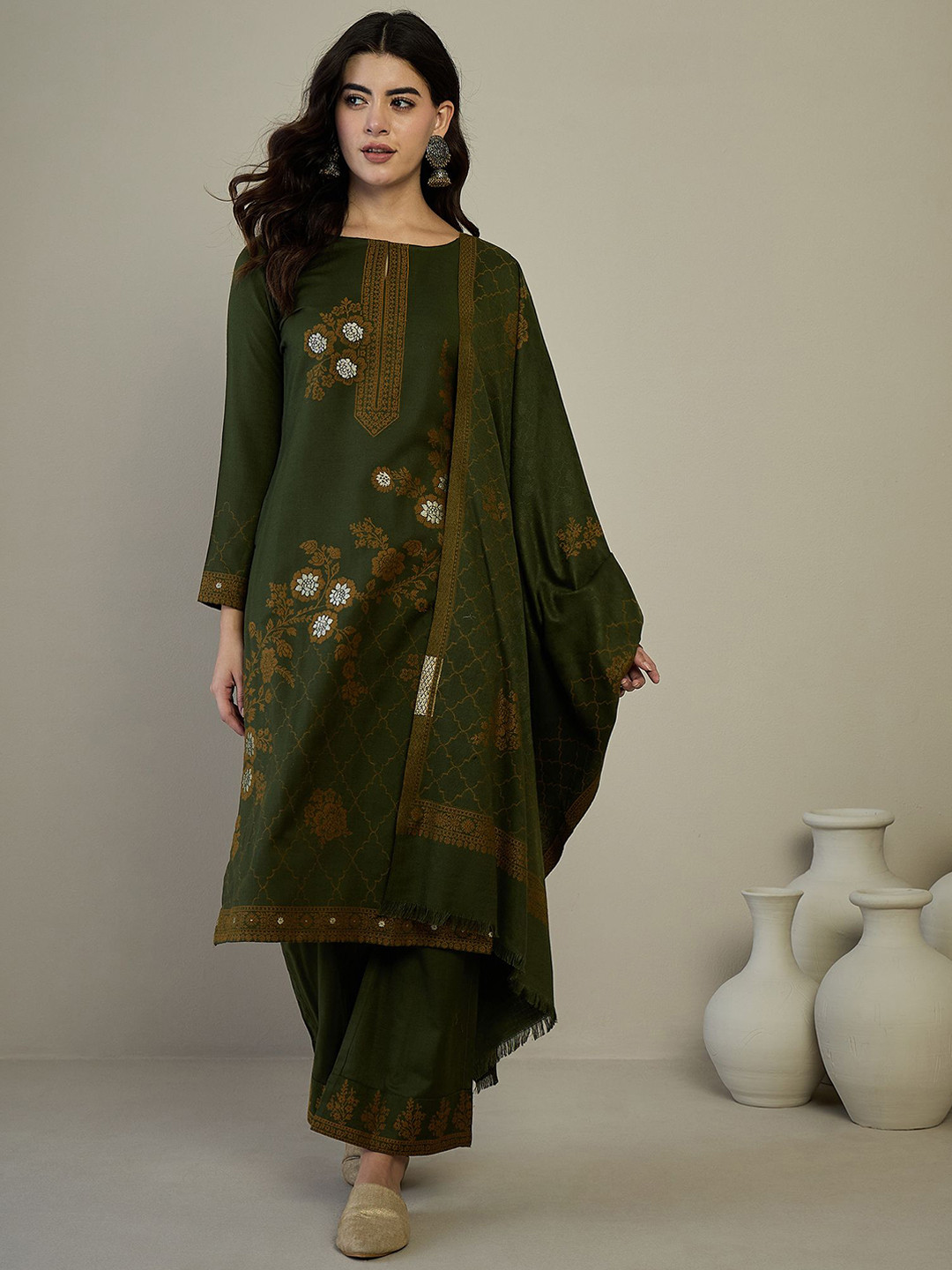 Mustard & Beige Printed Woven Pashmina Winter Wear Unstitched Dress Material