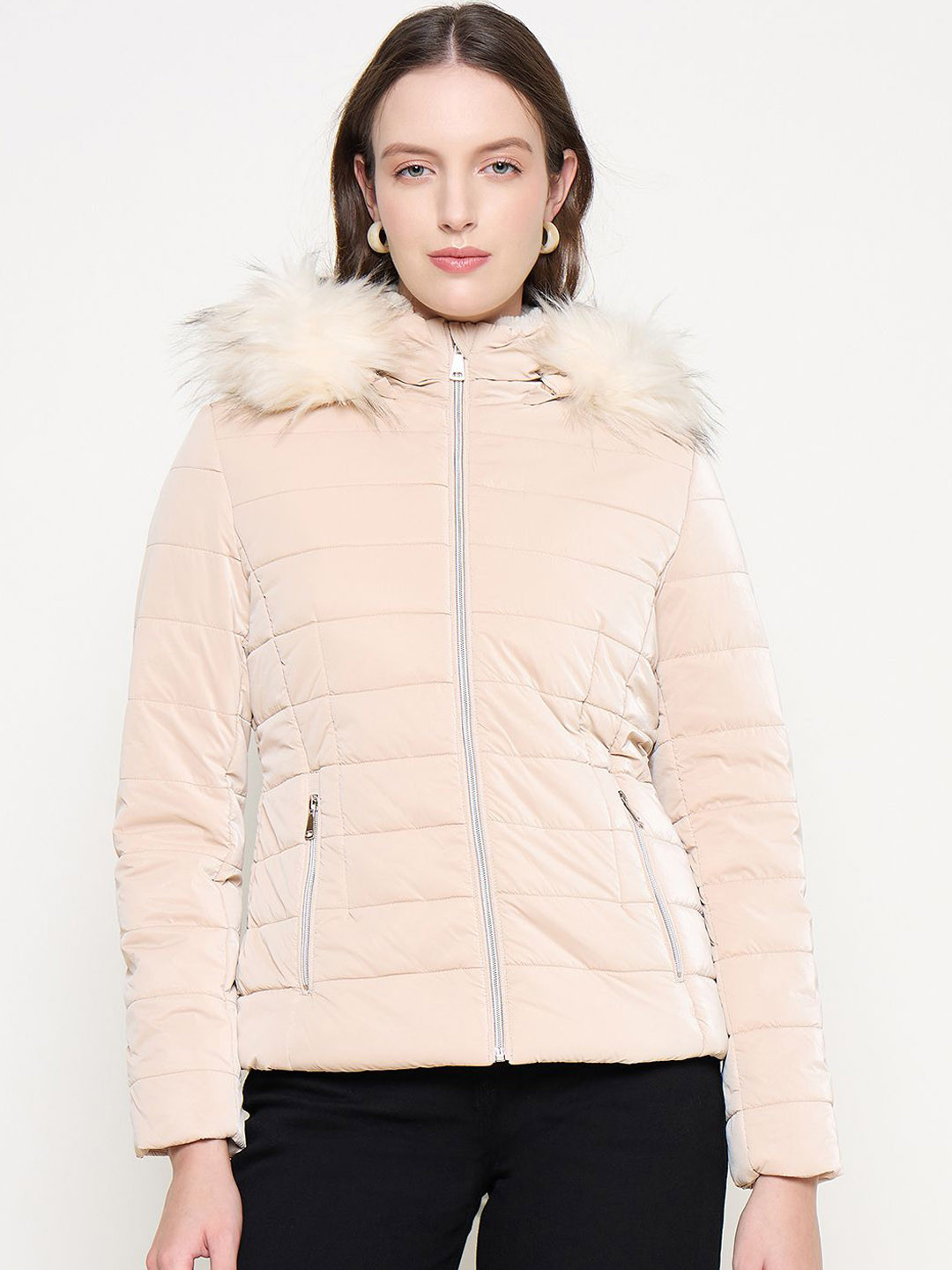 Women's Maroon Mock Collar Puffer Jacket with Detachable Hood
