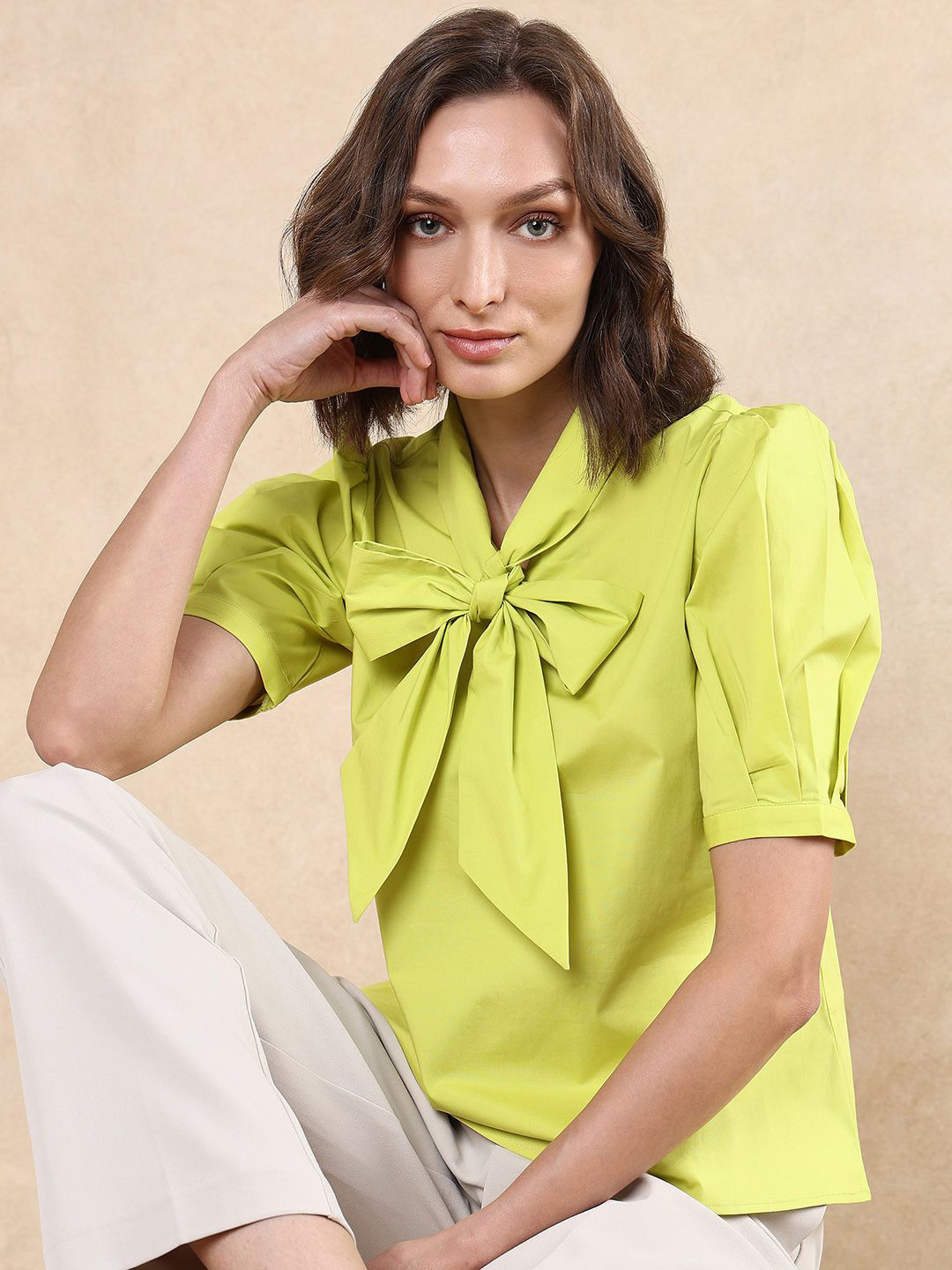 Women's Mustard Tie-Up Neck Top main image 1