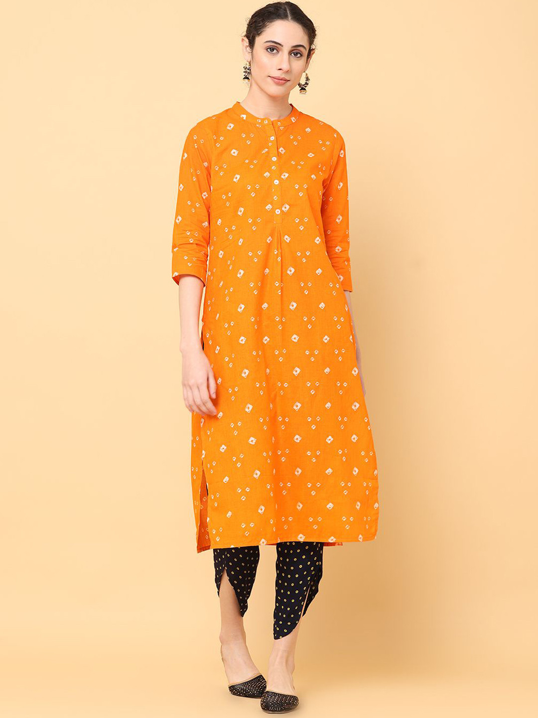 Women Orange Rayon Applique Embroidered & Bandhani Printed Kurta with Pant & Printed Dupatta