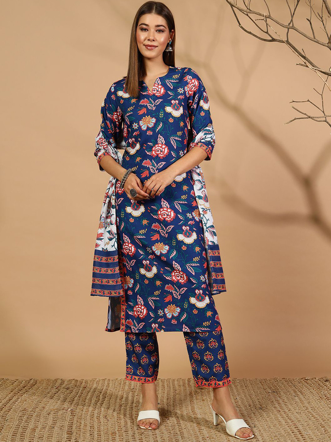 Women Red Dyed Printed Kurta And Trouser With Dupatta