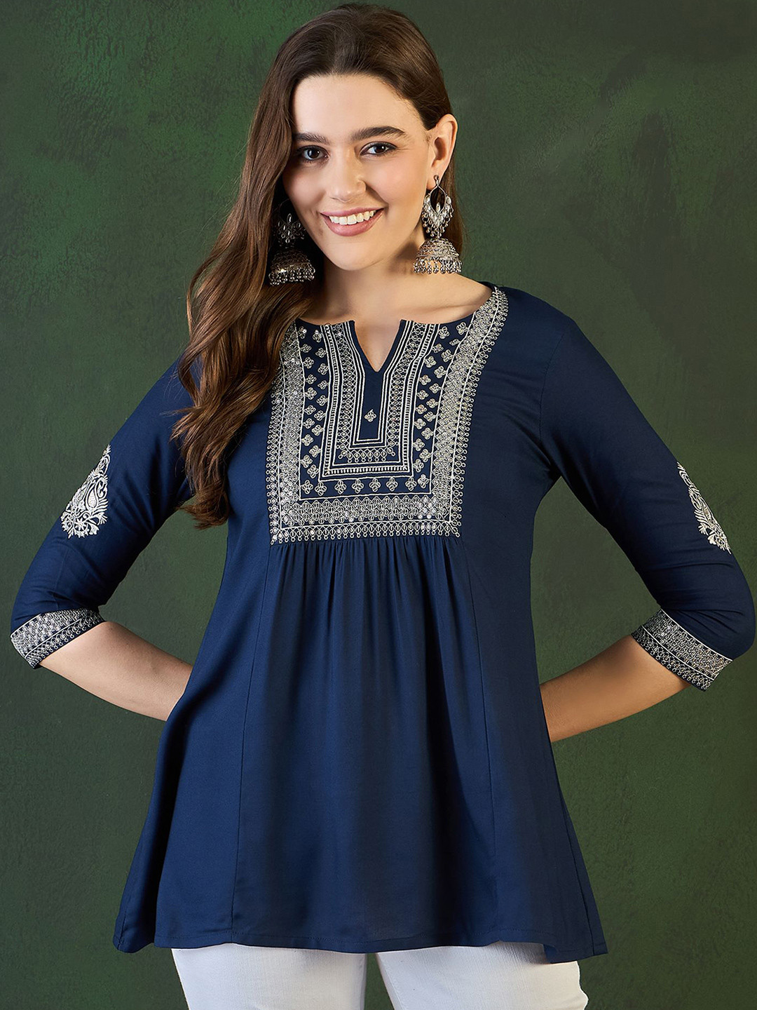 Brown Viscose Rayon Embroidered A-line Short Kurti