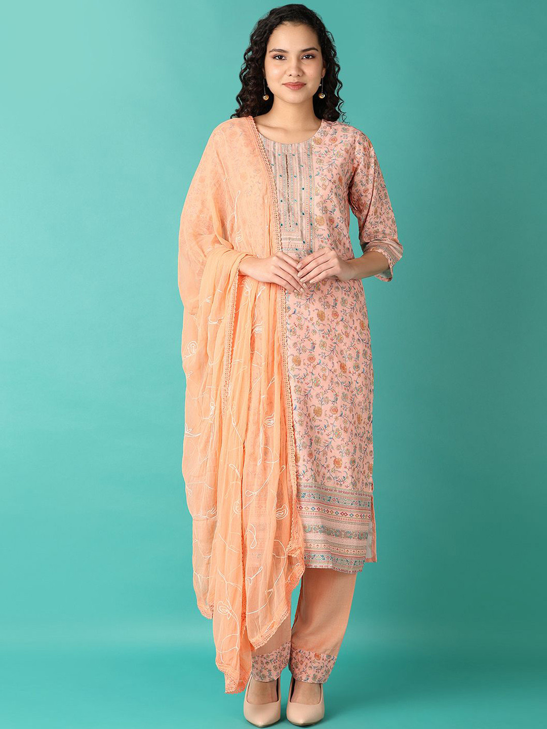 Floral Printed V-Neck Pure Cotton Kurta with Trousers & With Dupatta