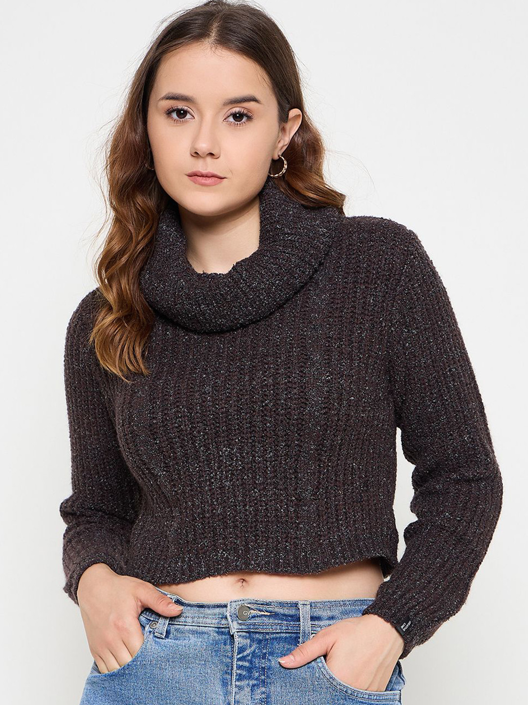 Women's Black Self Design Shirt Style Crop Top