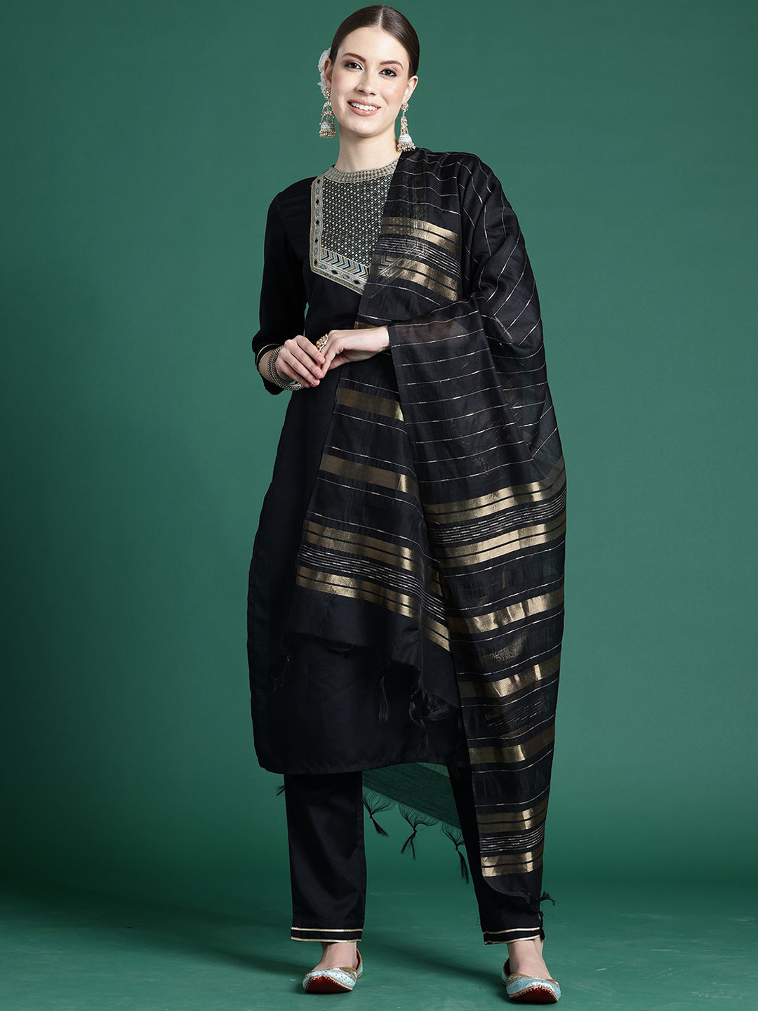 Indo Era Black Yoke Design Regular Kurta with Trousers & With Dupatta
