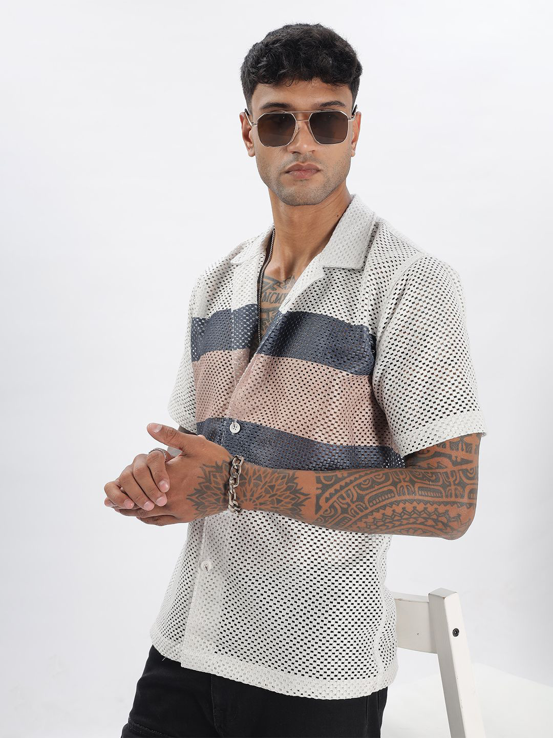 Men's Blue Comfort Cuban Collar Vertical Striped Cotton Casual Shirt