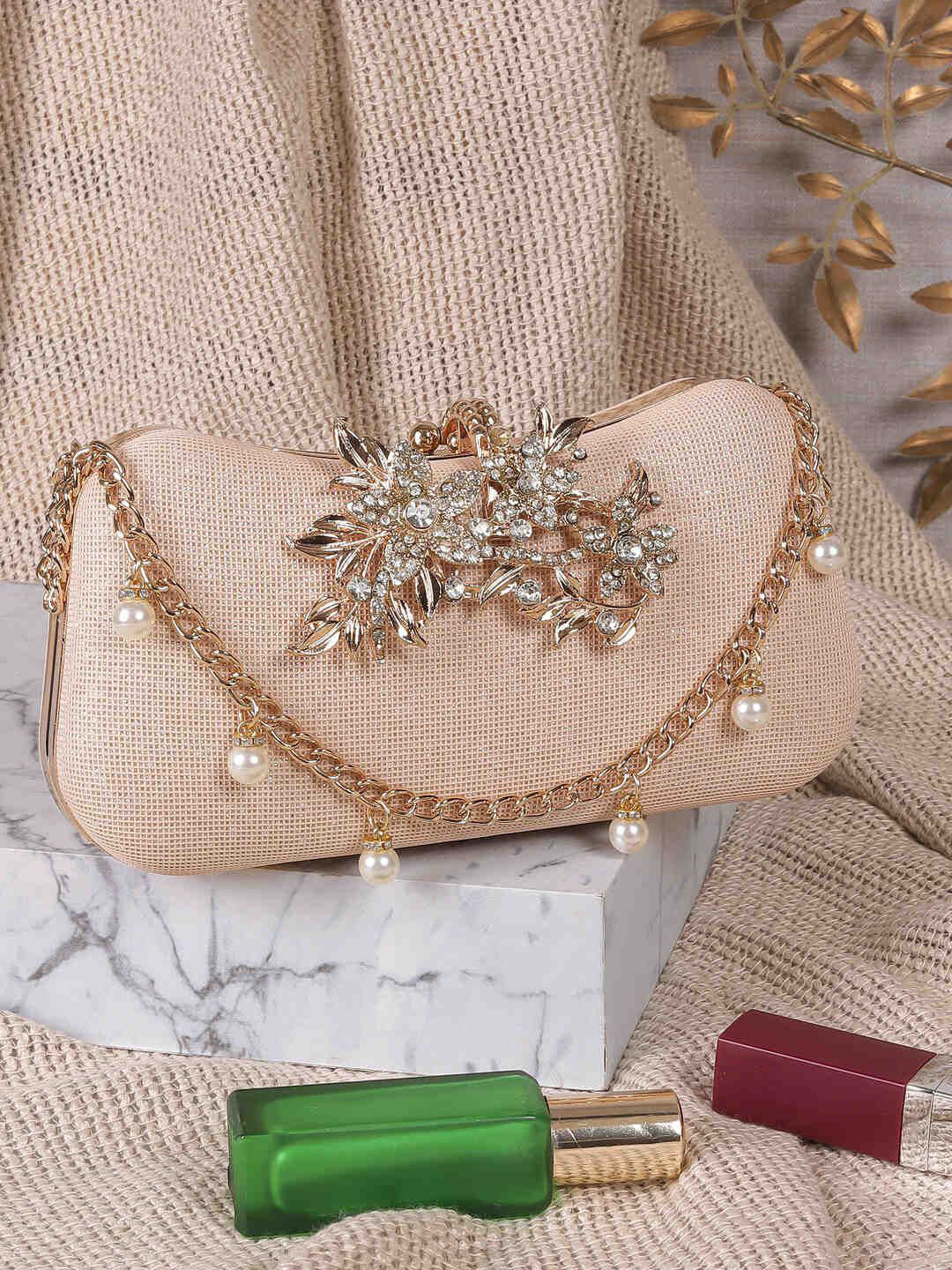 White & Black Embellished Box Clutch with Wrist Loop