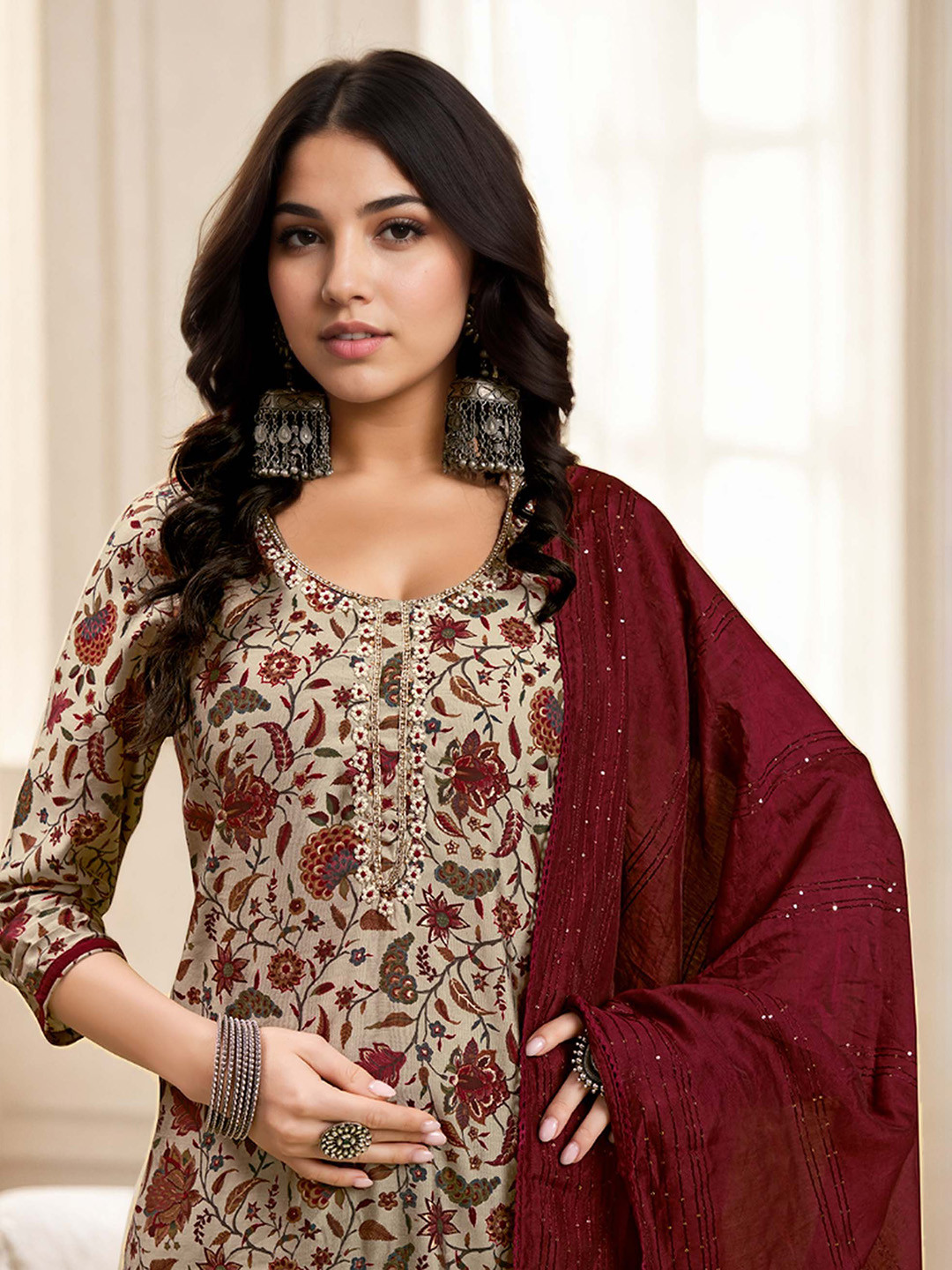 Teal Striped Embroidered Beads & Stones Straight Kurta & Palazzos With Dupatta