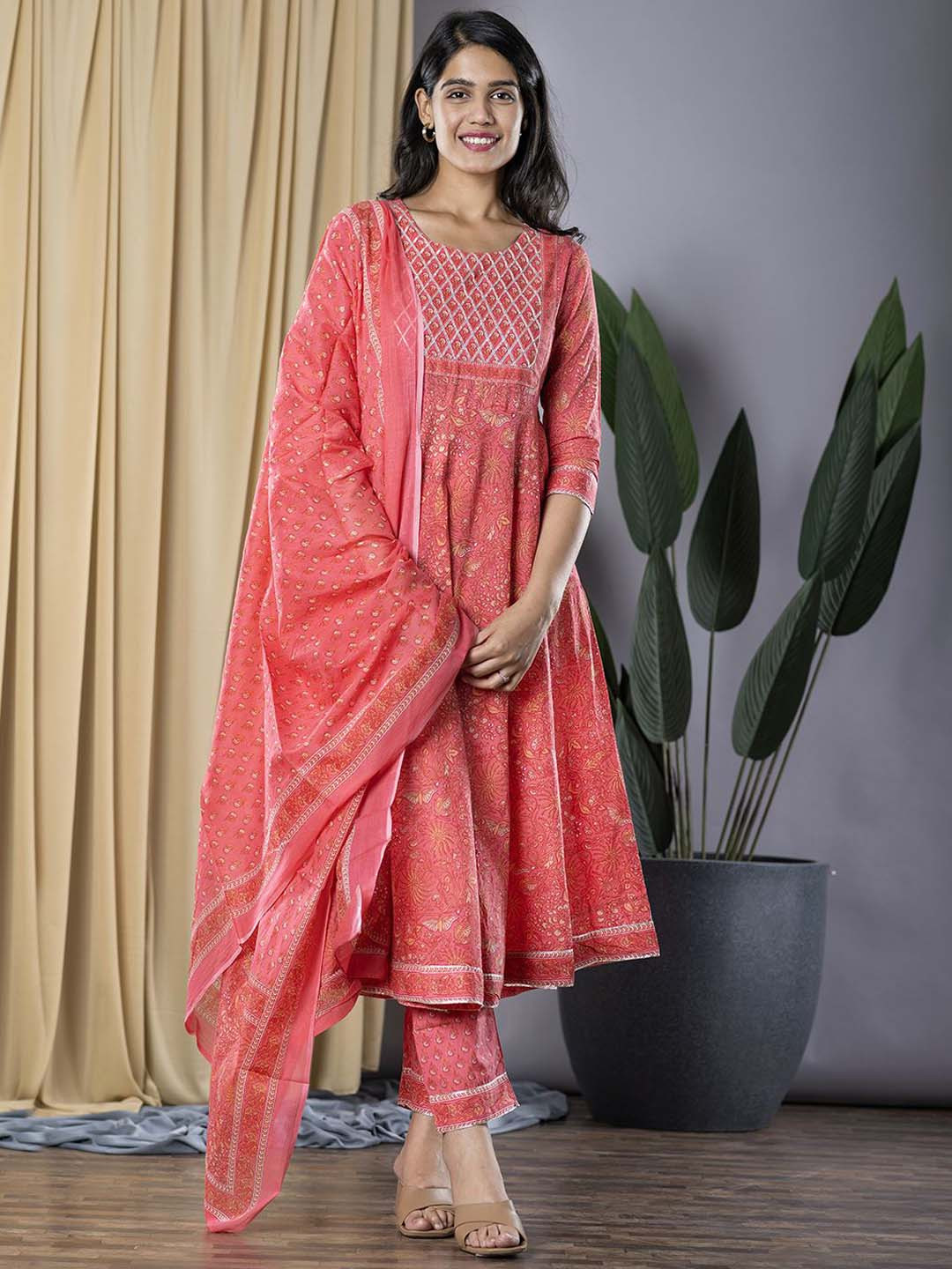 Notch Neck Thread Work Pure Cotton Anarkali Kurta with Trousers & Dupatta main image 0