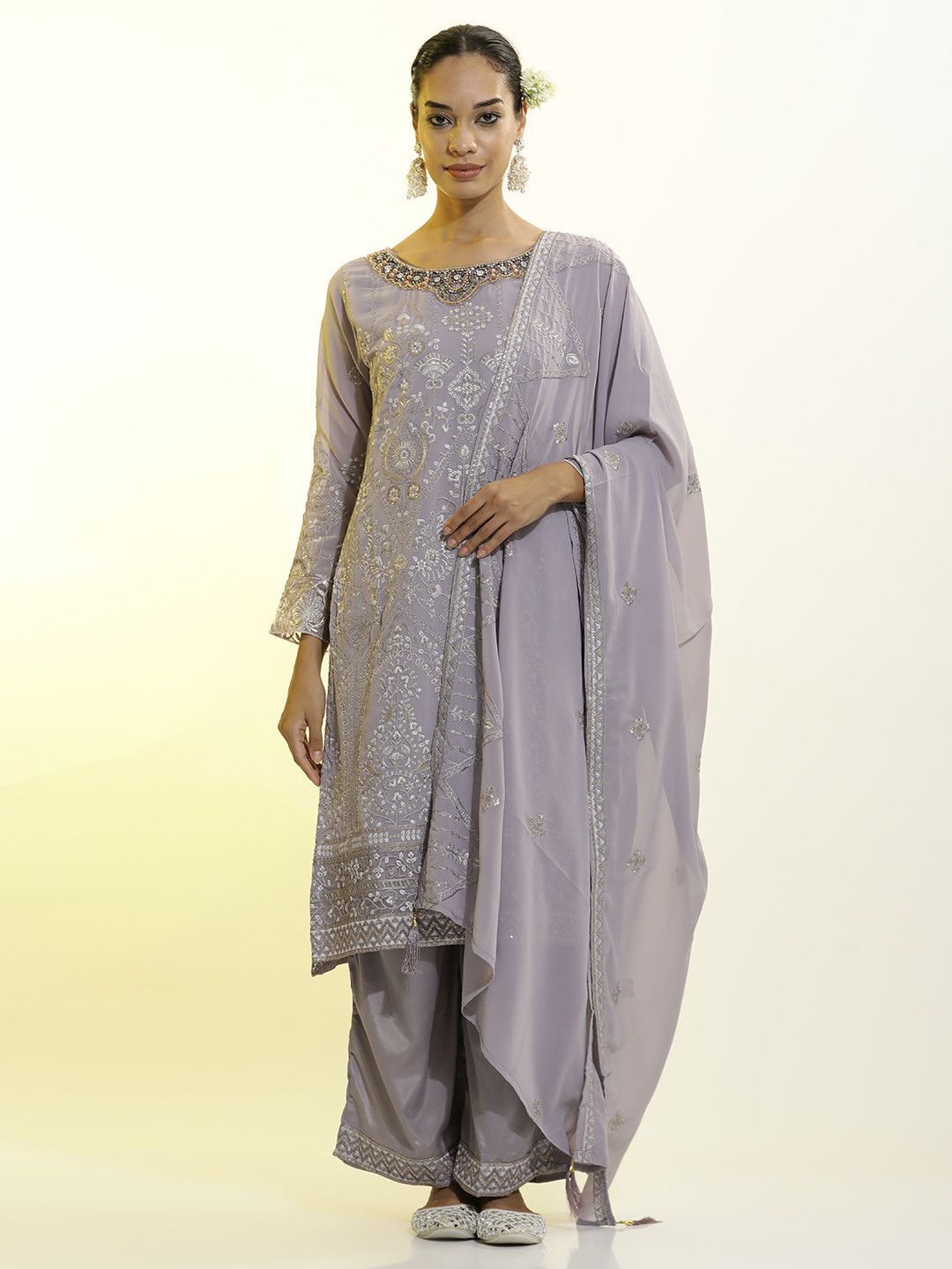 Women Party Wear Embroidered Kurta With Pant And Dupatta Set