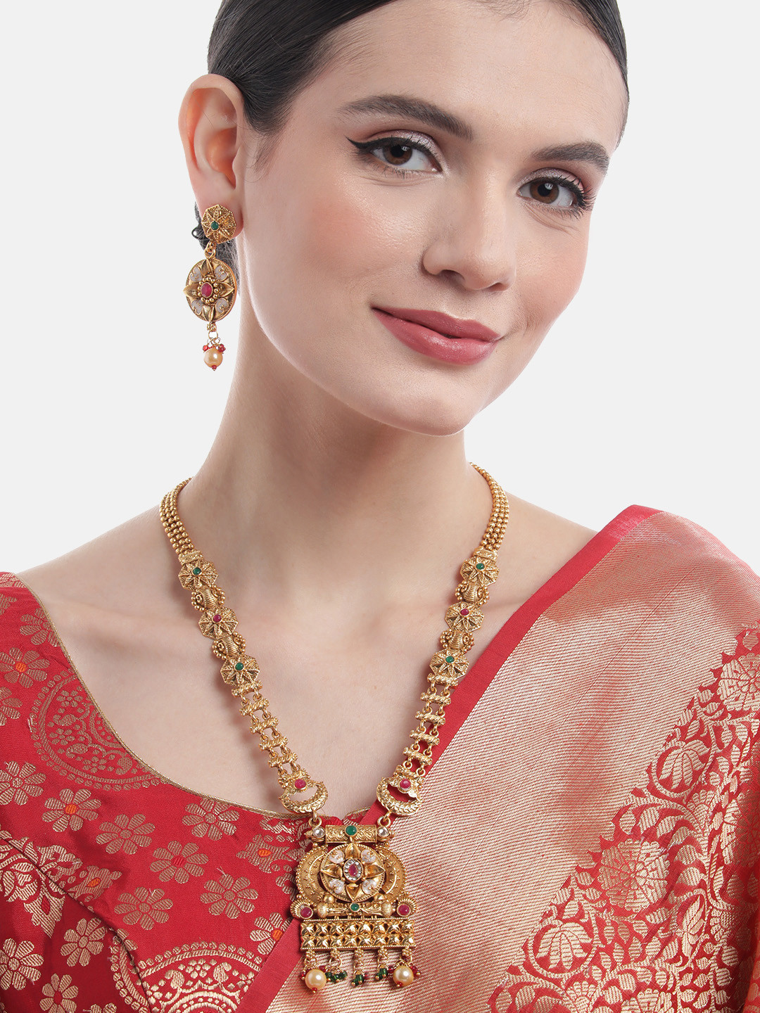 Gold-Plated Magenta Pink & Green Stone-Studded Temple Jewellery Set