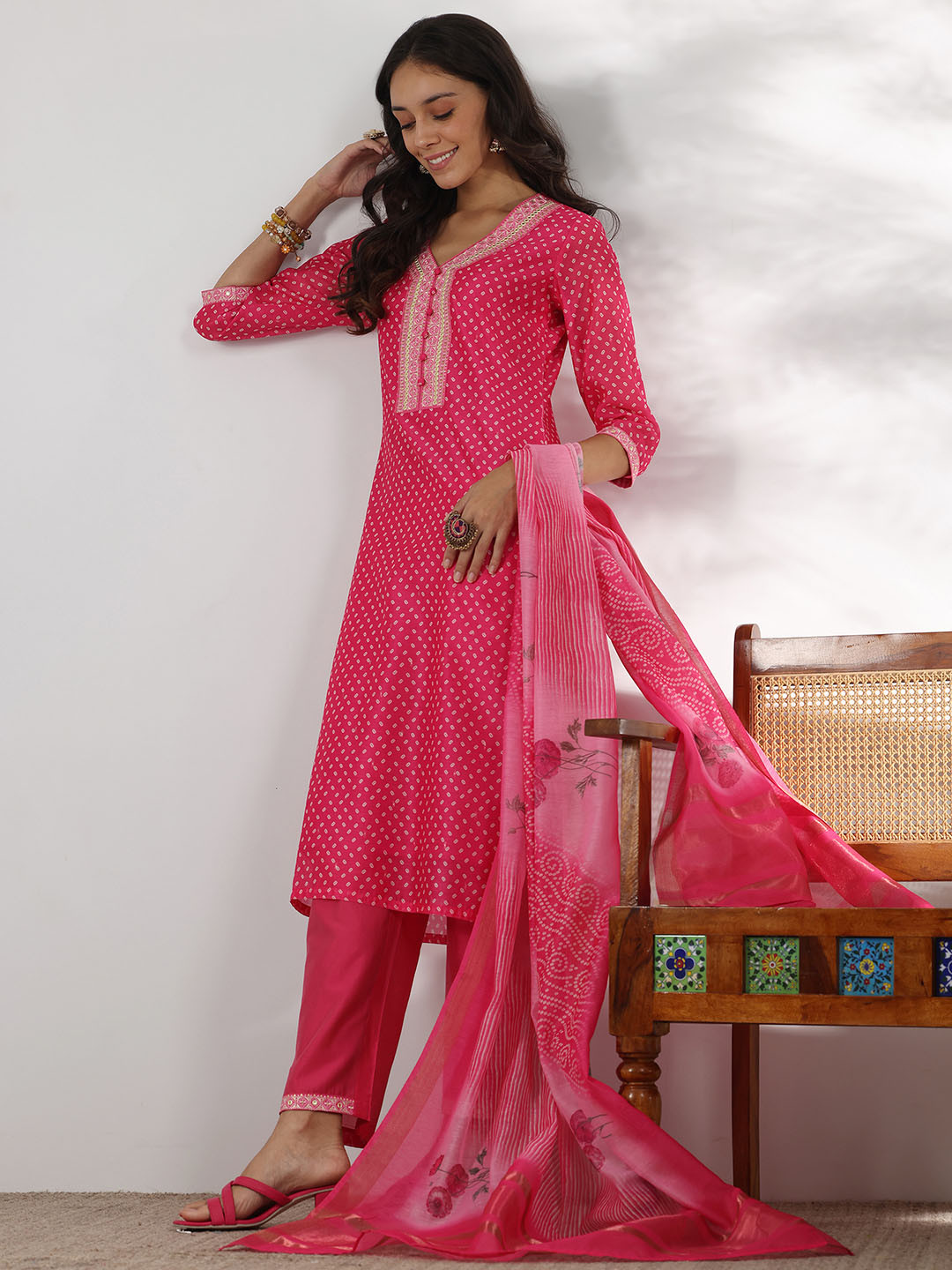 Buy Libas Bandhani Printed Thread Work Straight Kurta With Trousers