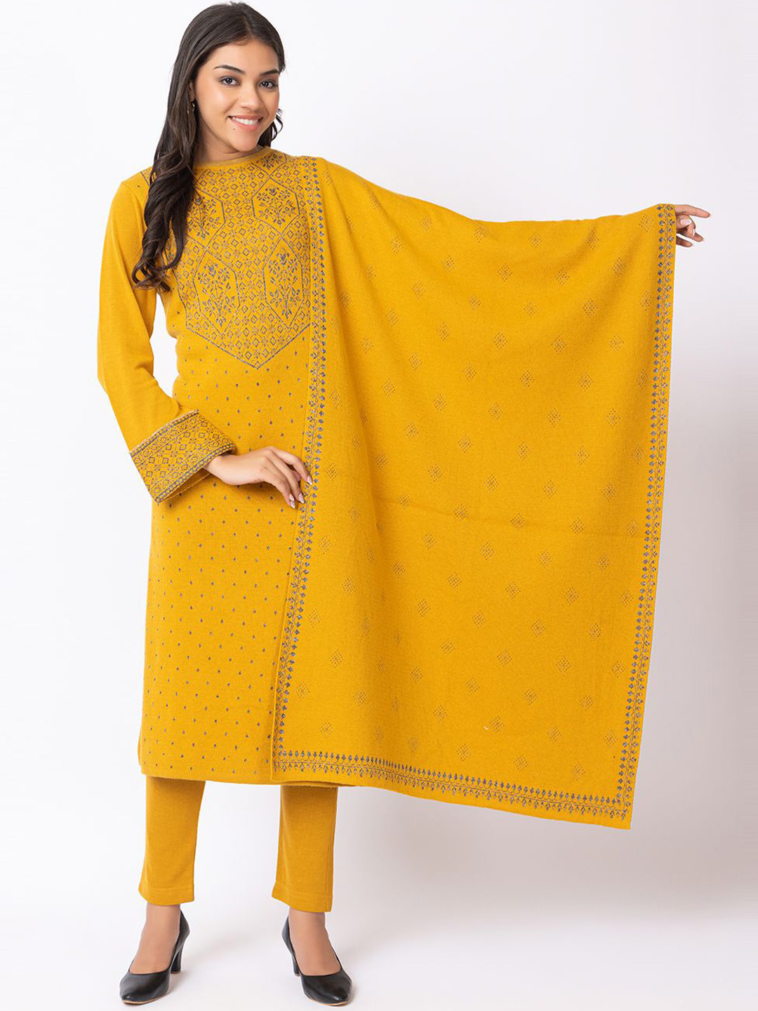 Ethnic Motifs Woven Design Jacquard Weave Stright Kurta With Trousers