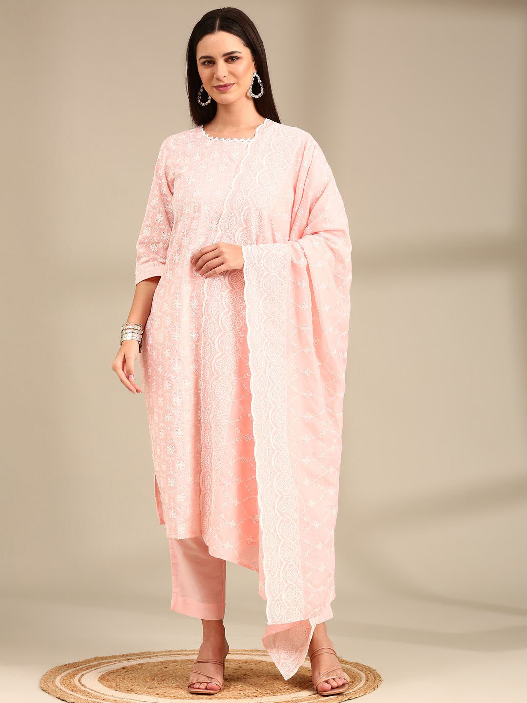 Aspora Onion Pink Floral Embroidered Straight Kurta With Trousers & Dupatta