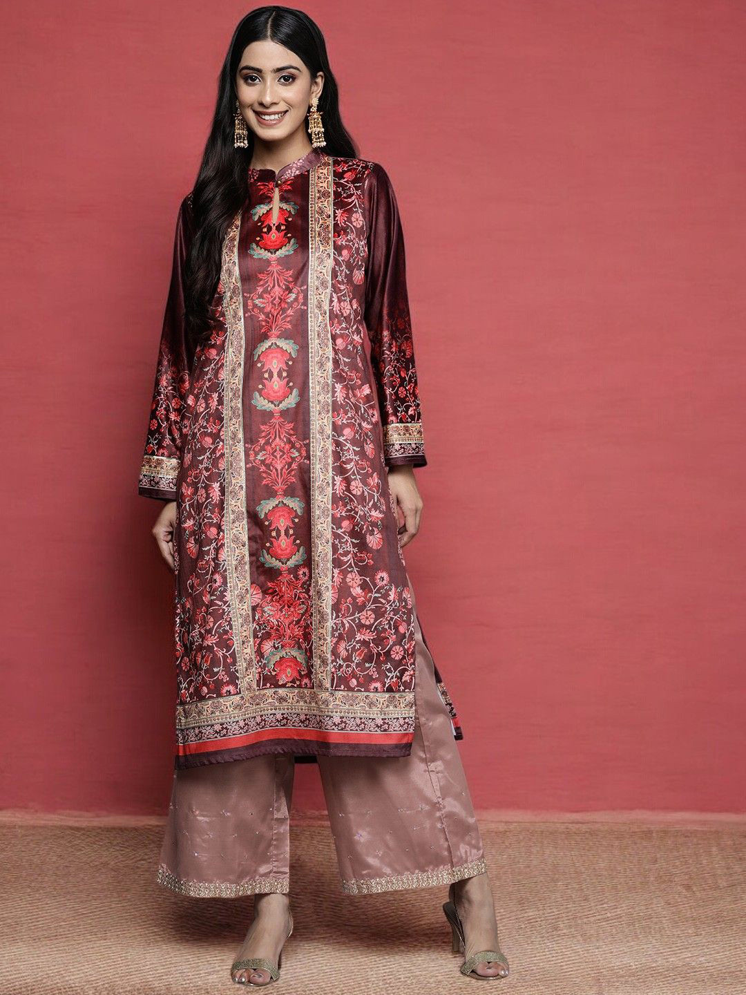 Women Red Printed Straight Keyhole Neck Kurta Set