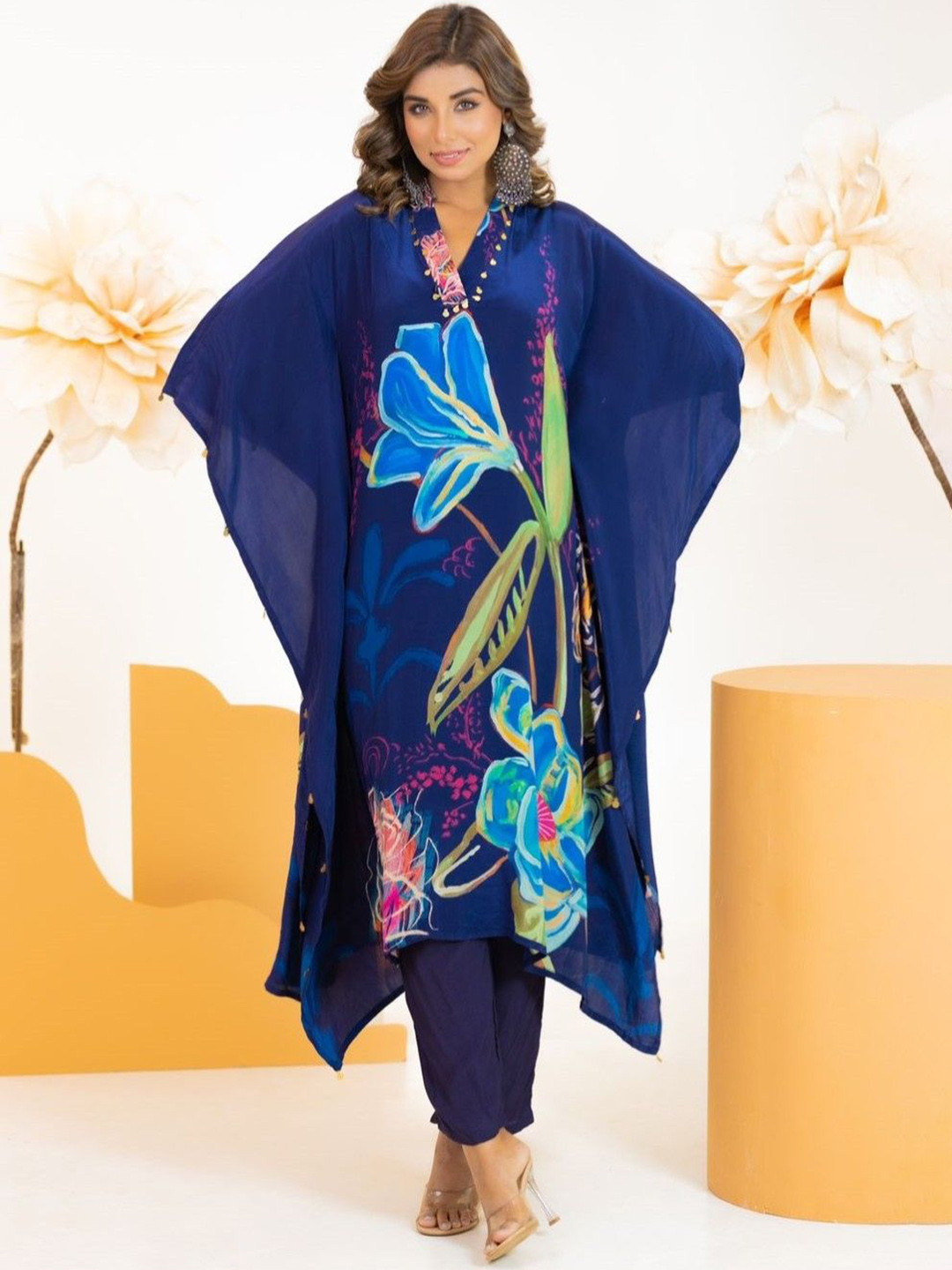 Black and Golden Solid Kaftan Kurta with Pants