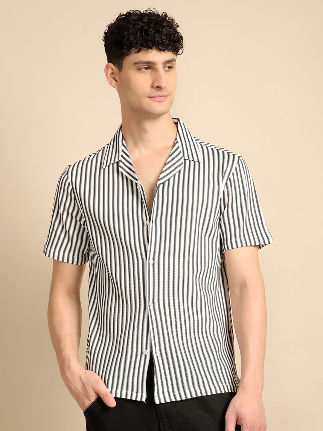 Men's Grey Standard Cuban Collar Vertical Striped Cotton Casual Shirt