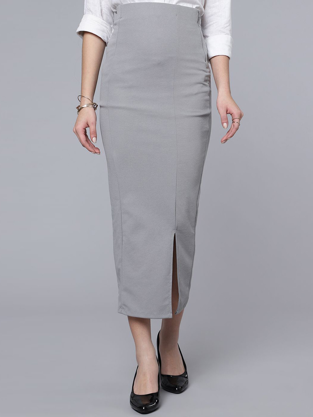 Wine Berry Color Ankle-Length Pencil Skirt with Side Slit main image 1