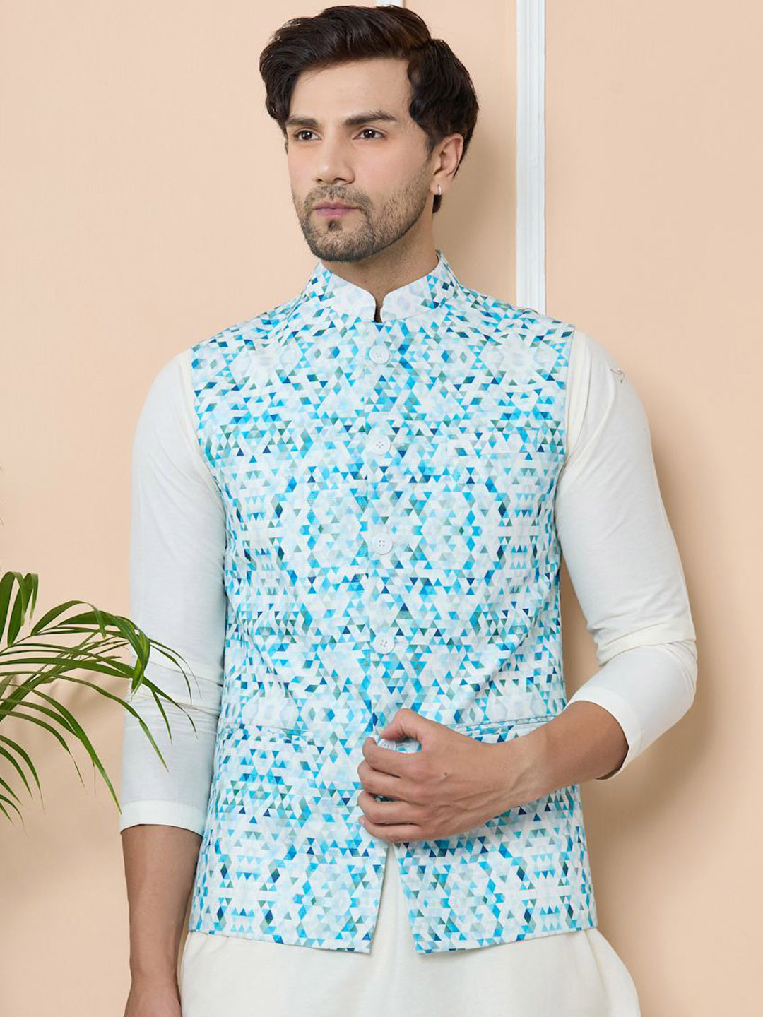 Men's Off White Printed Slim Fit Nehru Jacket