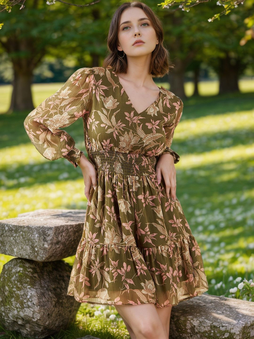 Women's Cream Chiffon Fit & Flare Dress