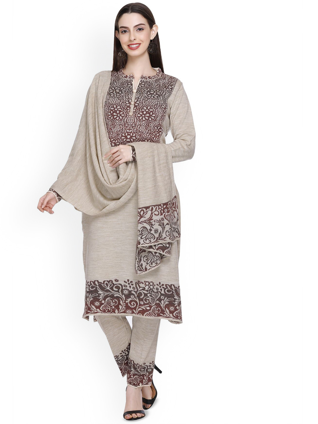 Women Maroon Floral Front Yoke Kurta With Pencil Pants & Dupatta