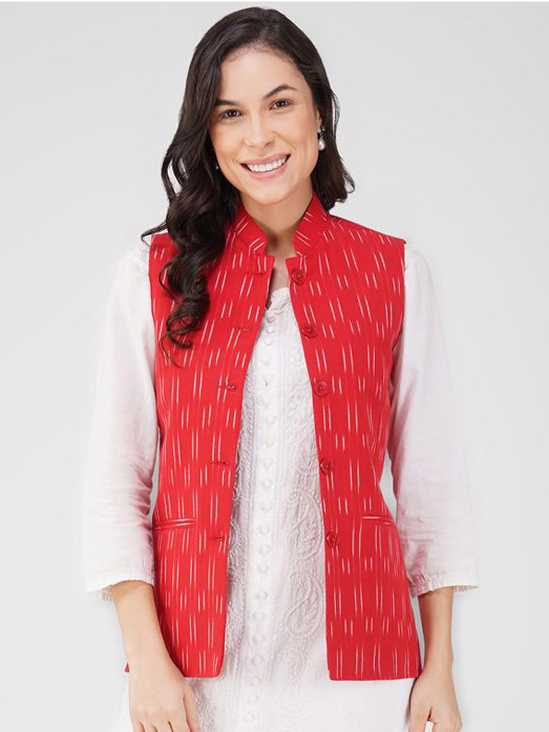 Ladies Modi Nehru Jacket / Waistcoat - Khadi Look in Mix Ikat Patterns Jacket