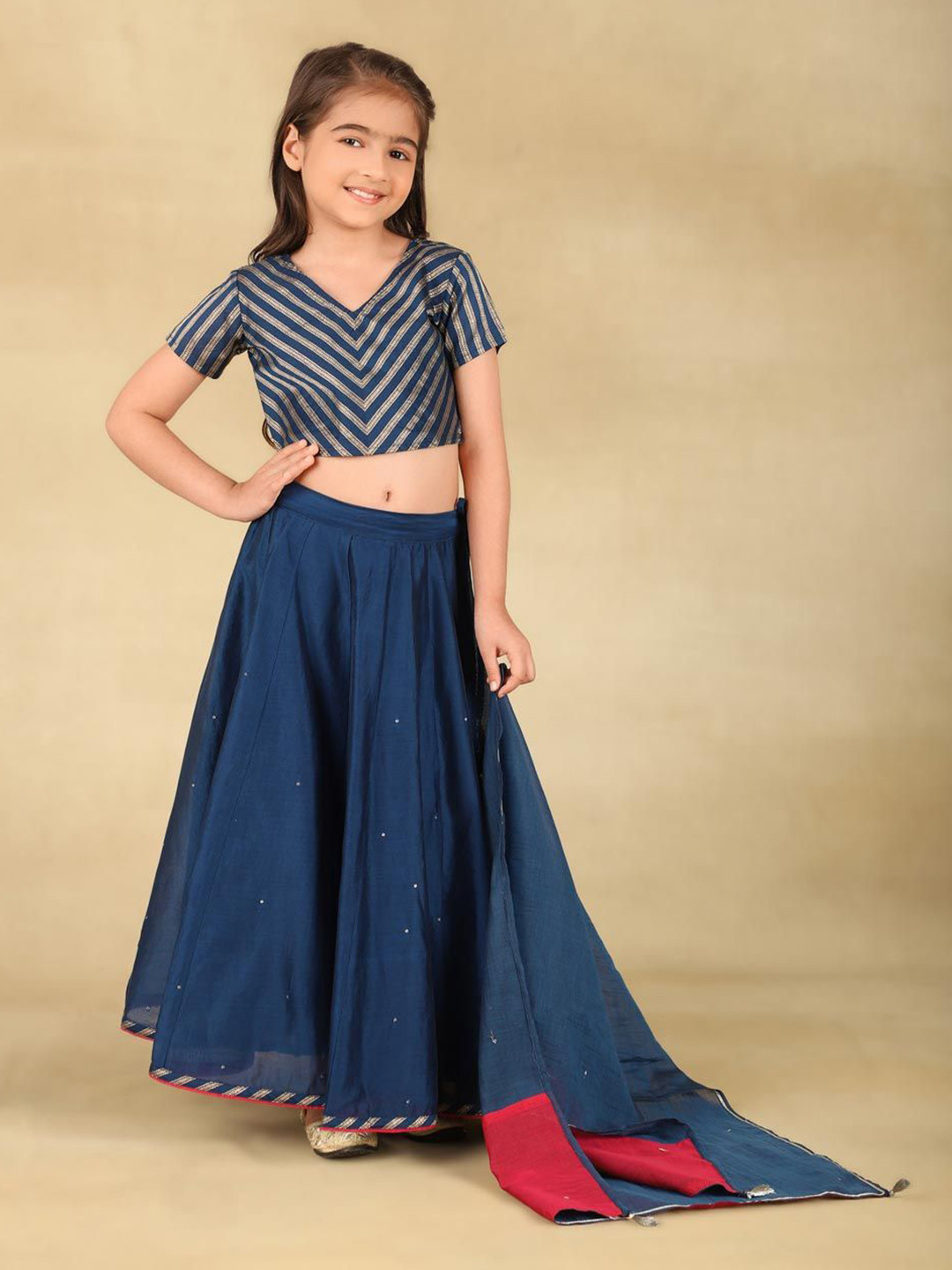 Girls Green & Fuchsia Solid Ready To Wear Lehenga & Blouse With Dupatta