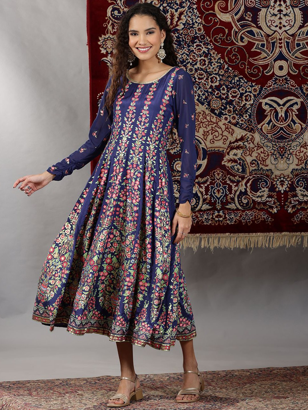 Women Brown Blue Ethnic Floral Print Mirror work Anarkali Kurta - Complete Set