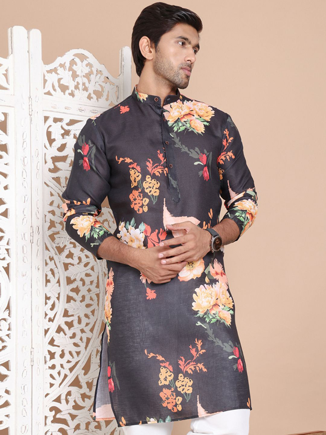 Men's Cotton Floral printed Kurta Only main image 1