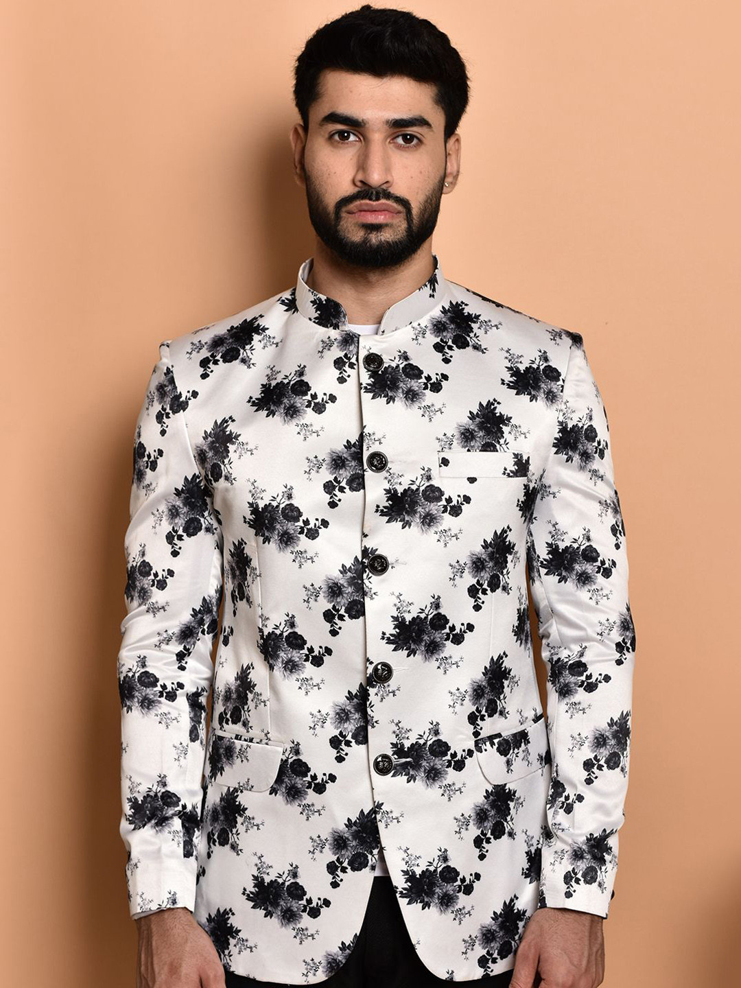 Men's Black Printed Mandarin Collar Bandhgala Blazer main image 0