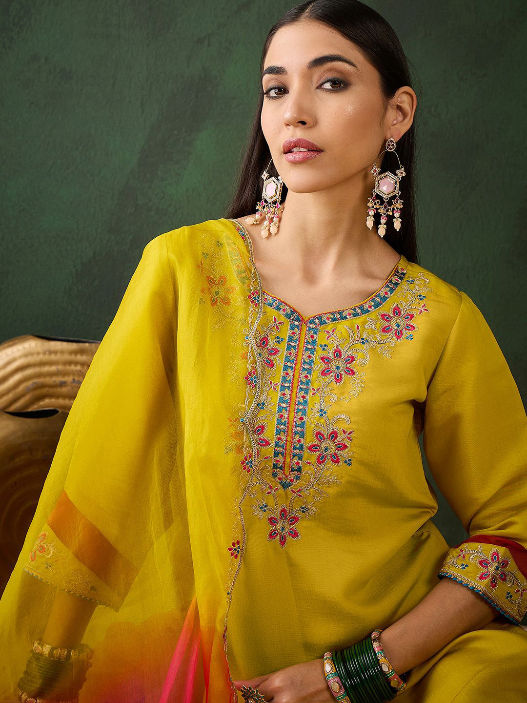 Green Zari Embroidered Festive Kurta Trousers and Dupatta Set